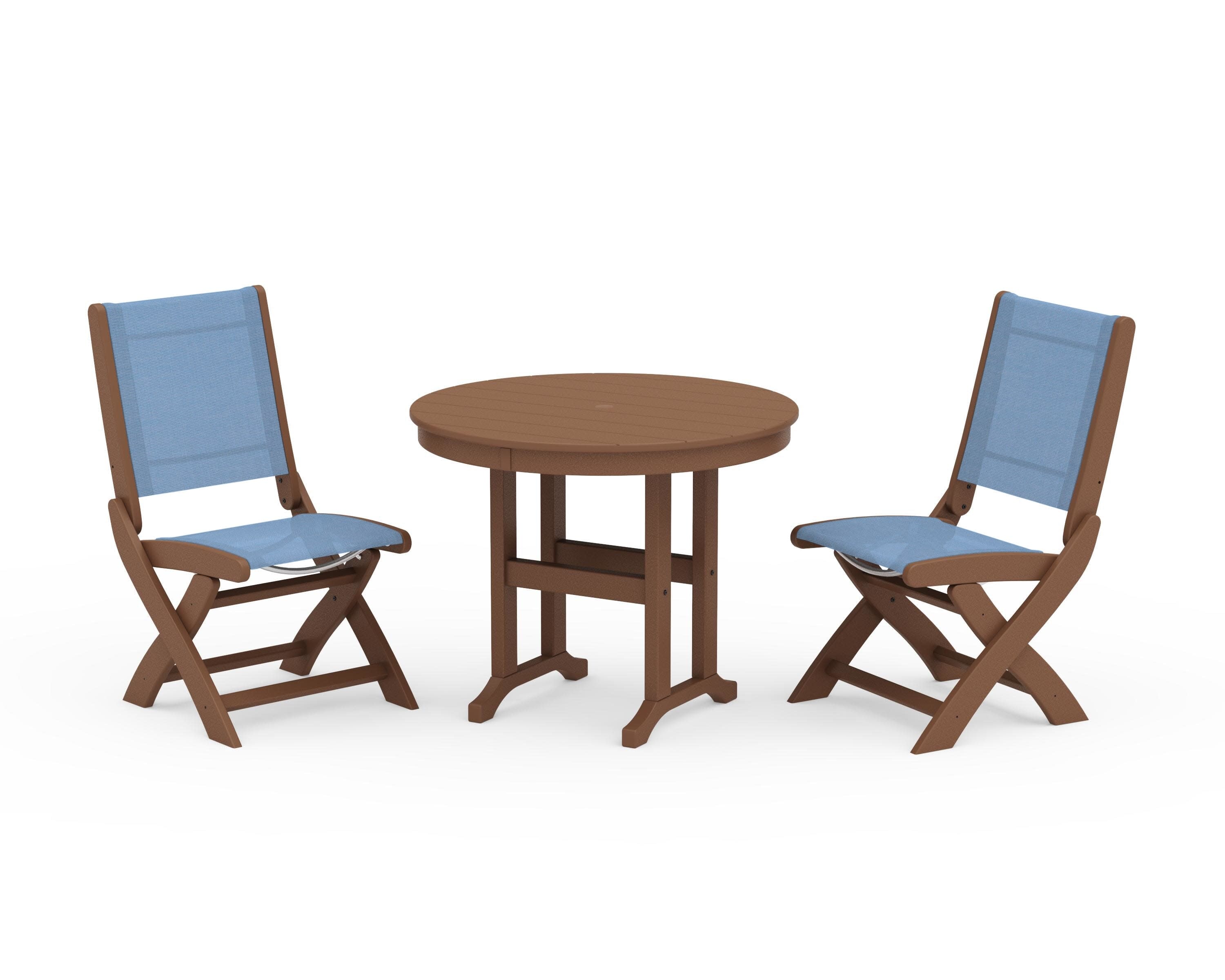 Coastal Folding Side Chair 3-Piece Round Dining Set in Teak / Poolside Sling
