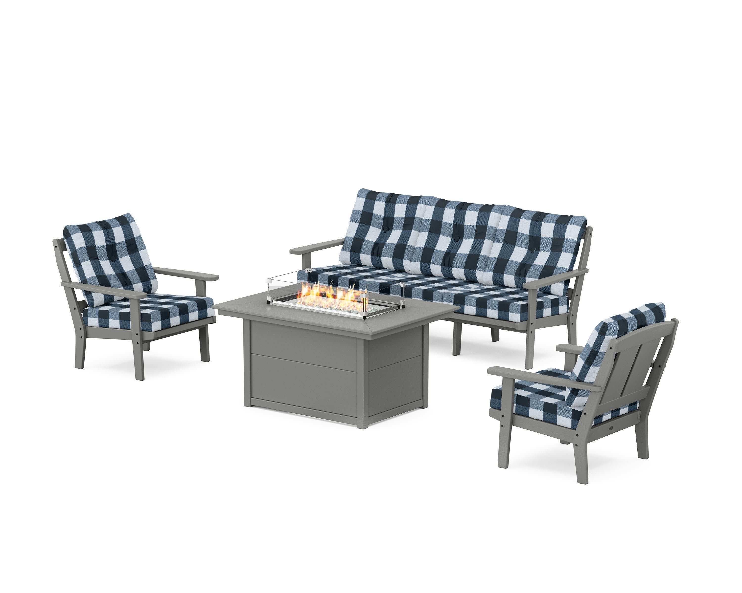 Mission Deep Seating Fire Pit Table Set in Slate Grey / Buffalo Plaid Marine Indigo
