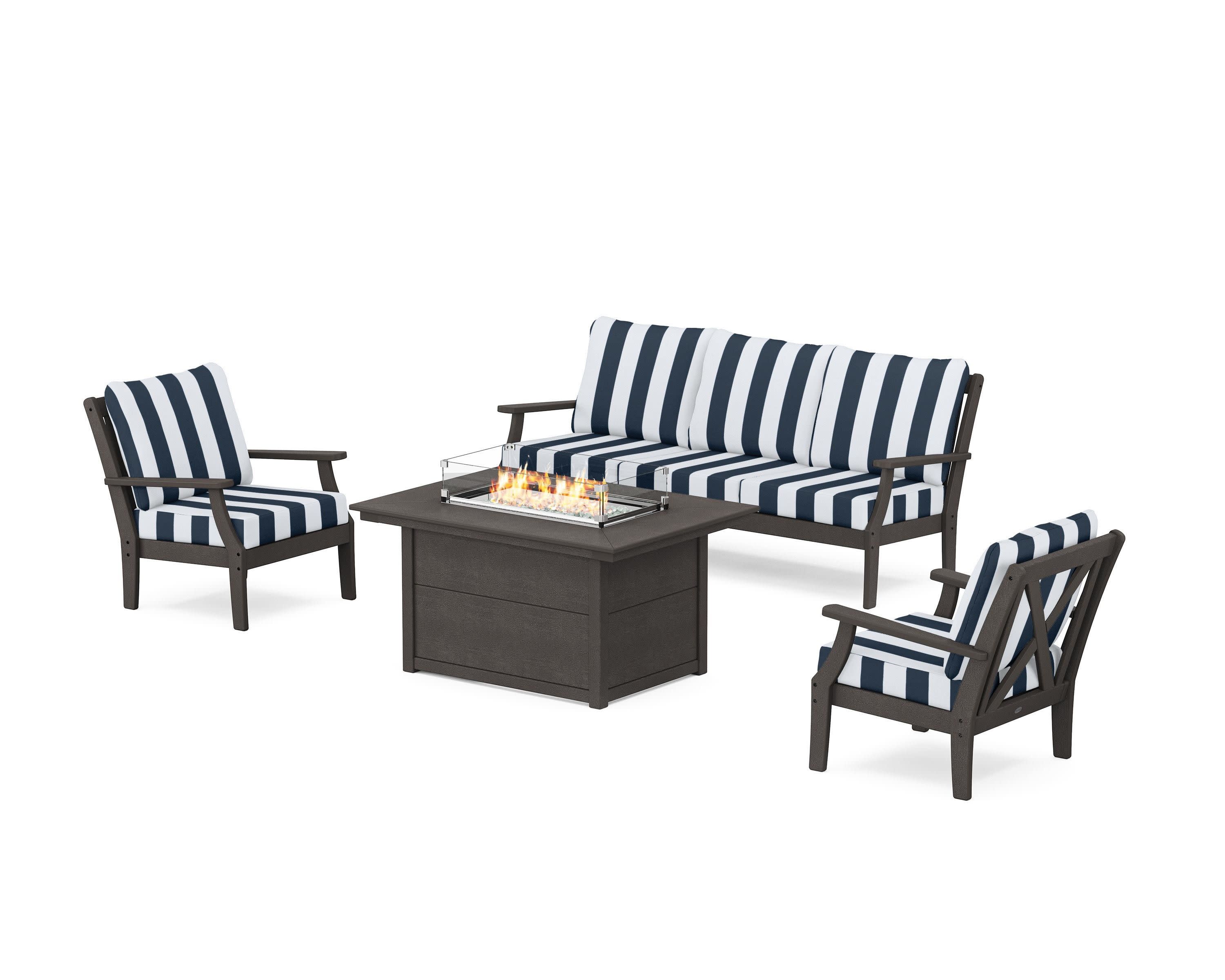 Braxton Deep Seating Fire Pit Table Set in Vintage Coffee / Cabana Stripe Marine Indigo