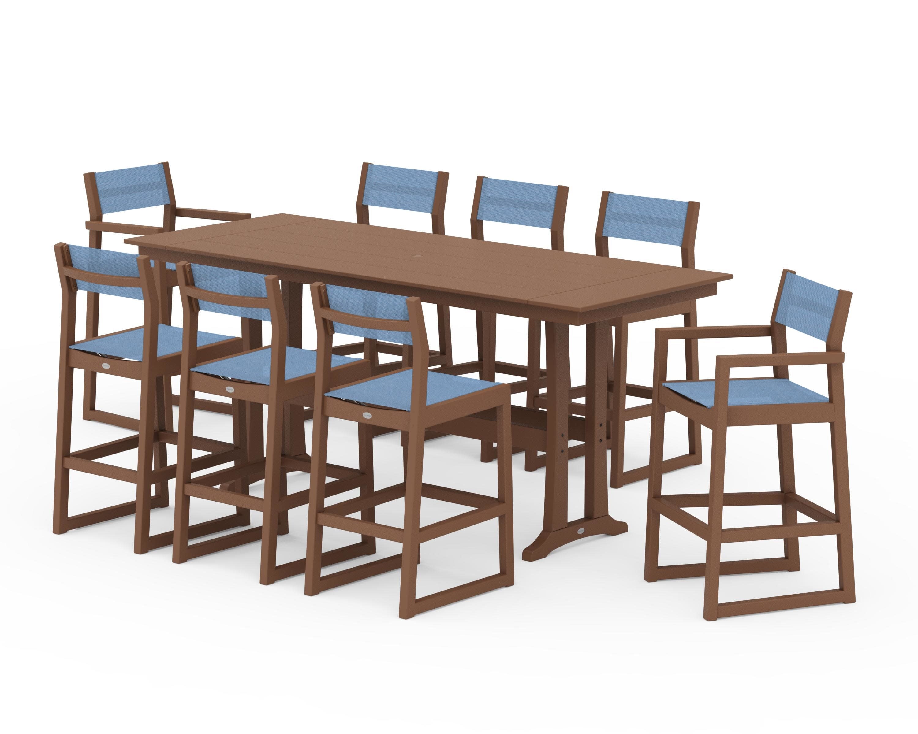 EDGE Sling 9-Piece Farmhouse Bar Set with Trestle Legs in Teak / Poolside Sling
