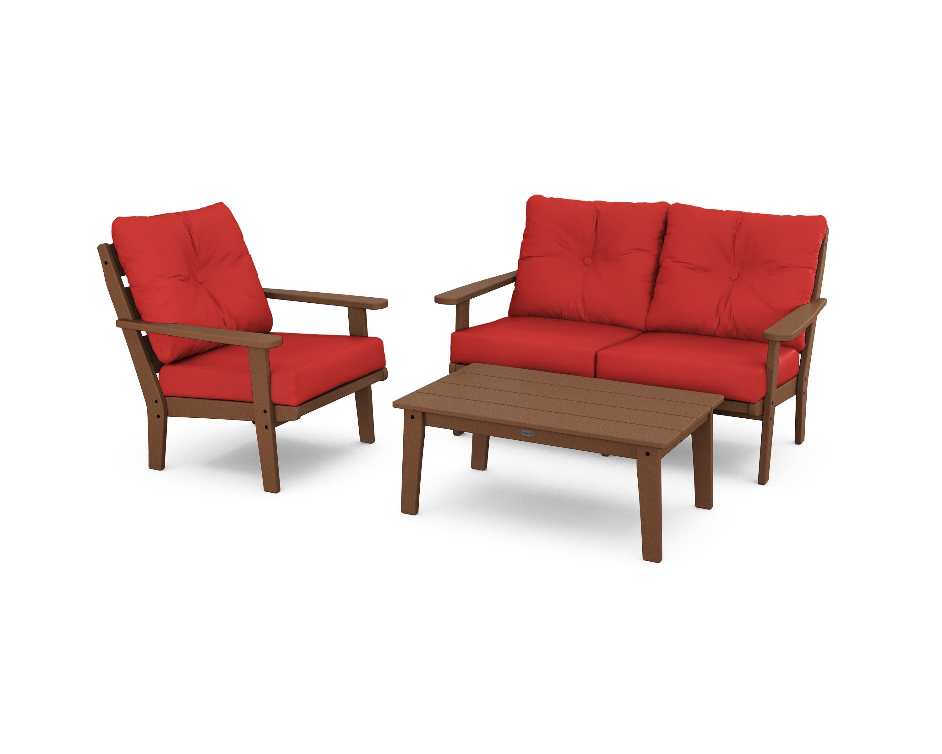 Lakeside 3-Piece Deep Seating Set in Teak / Crimson Linen