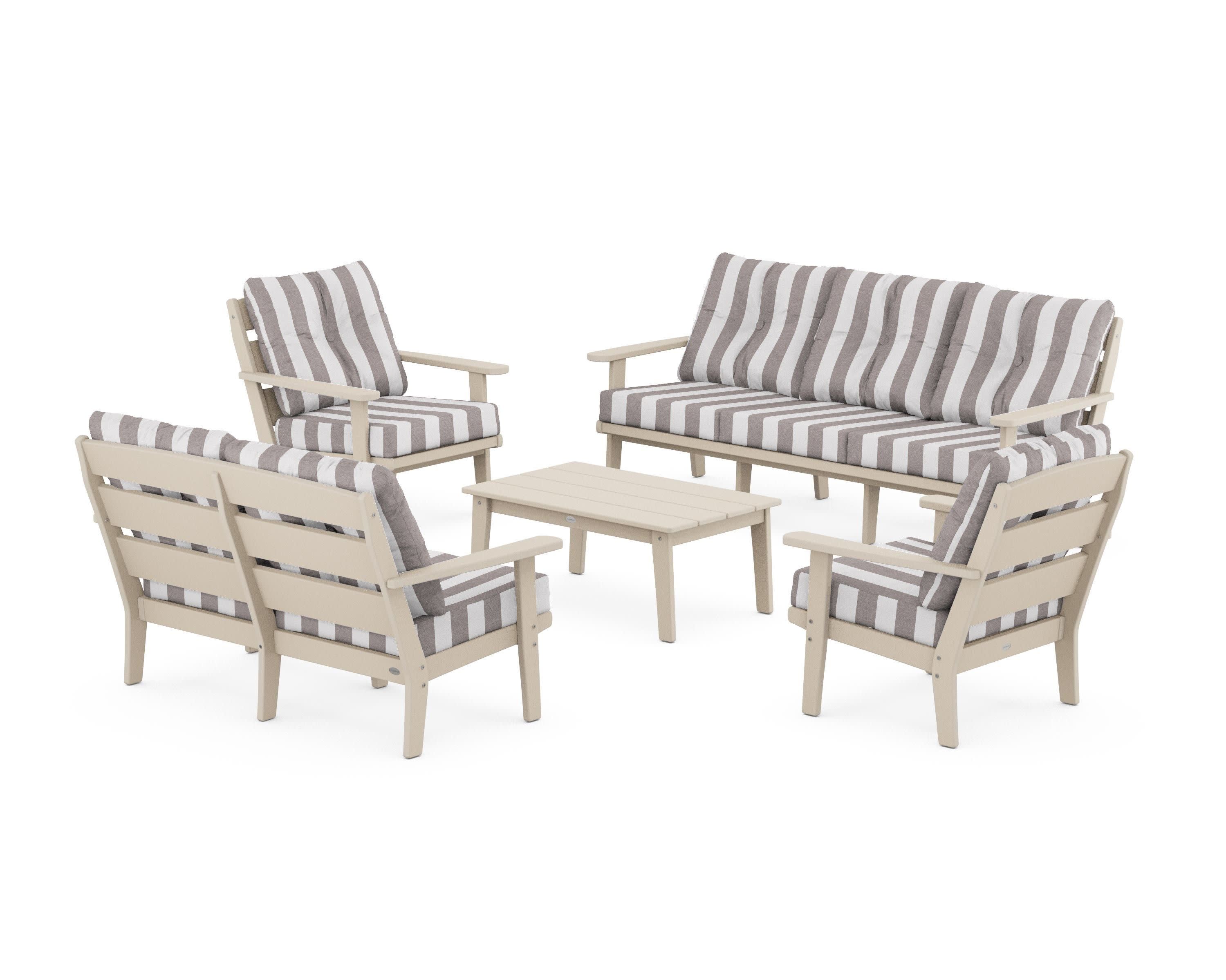 Lakeside 5-Piece Lounge Sofa Set in Sand / Cabana Stripe Grey Mist
