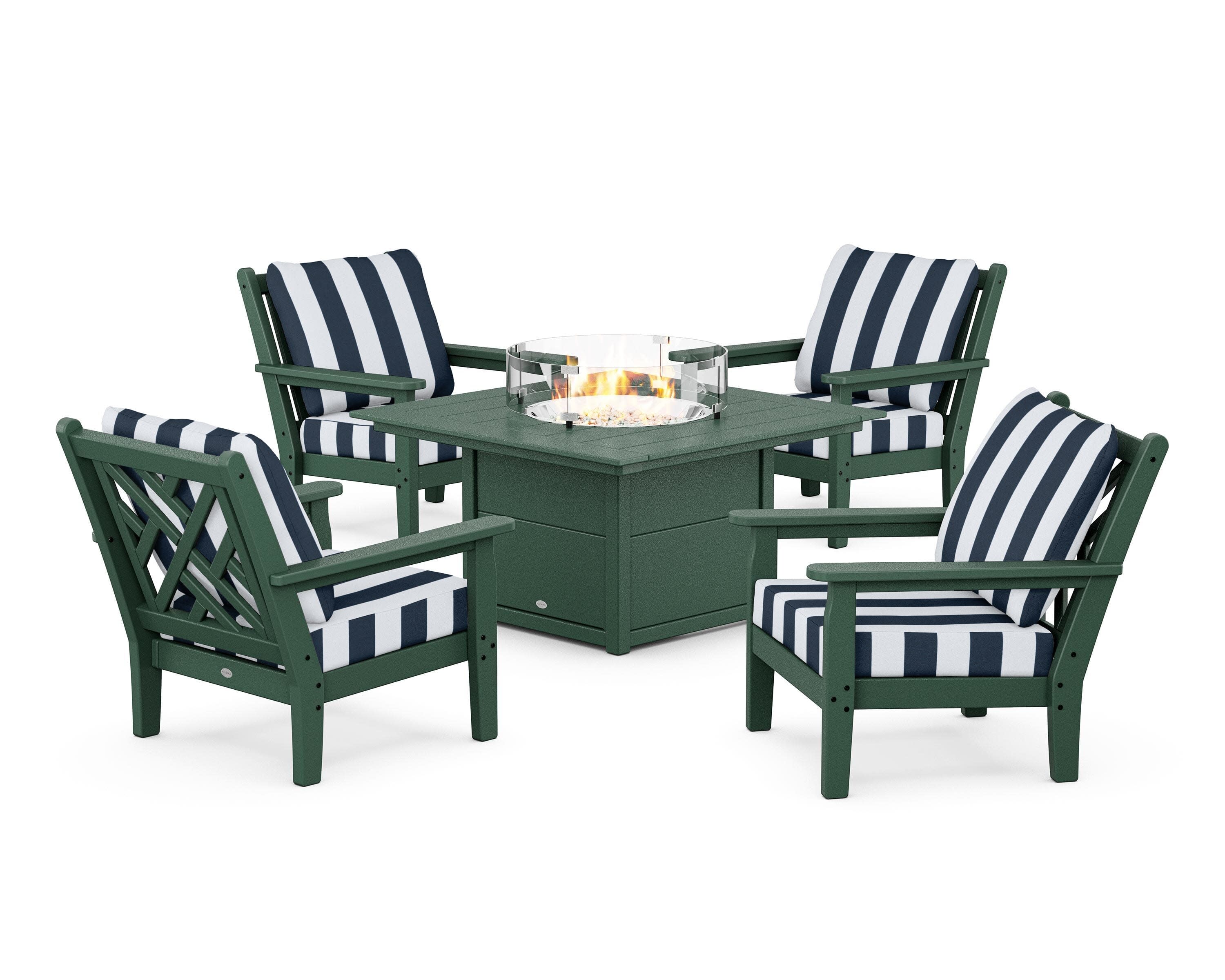 Chippendale 5-Piece Deep Seating Set with Fire Pit Table in Green / Cabana Stripe Marine Indigo
