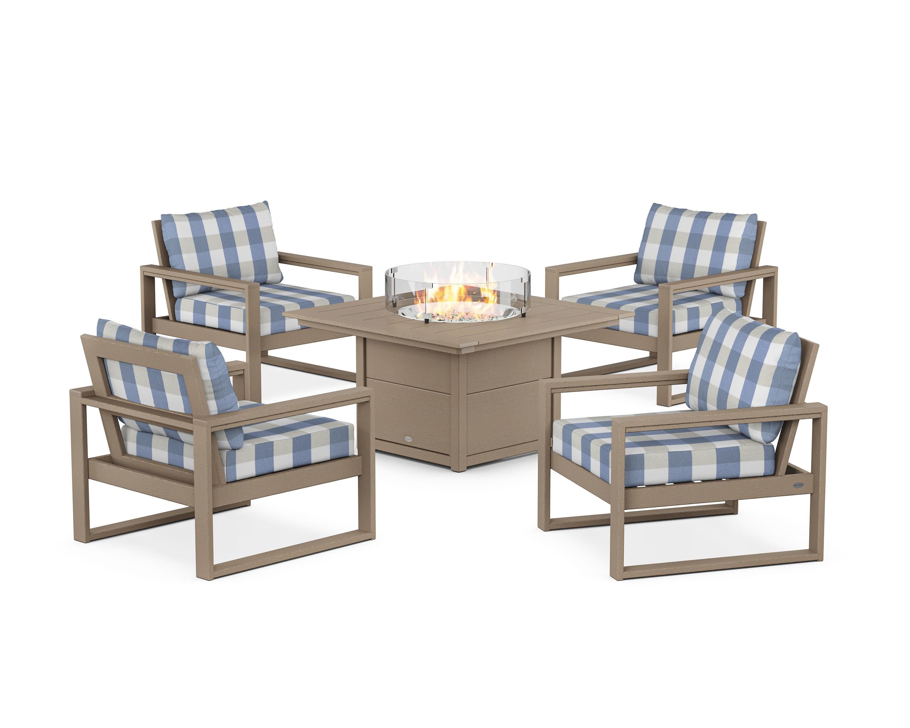 EDGE Sectional 5-Piece Deep Seating Set with Fire Pit Table in Vintage Sahara / Buffalo Plaid Sky Blue