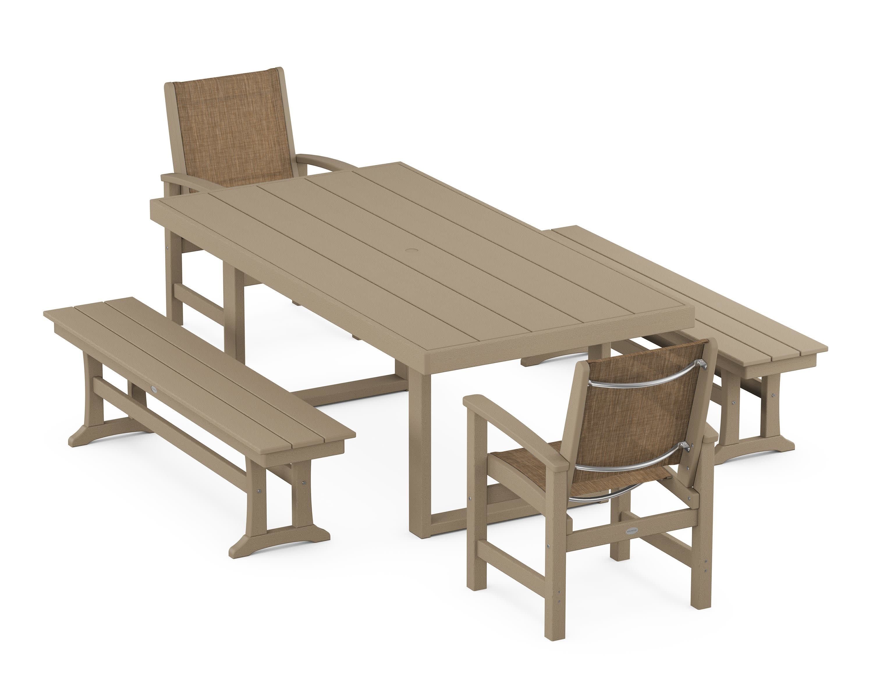 Coastal 5-Piece Dining Set with Trestle Legs in Vintage Sahara / Burlap Sling