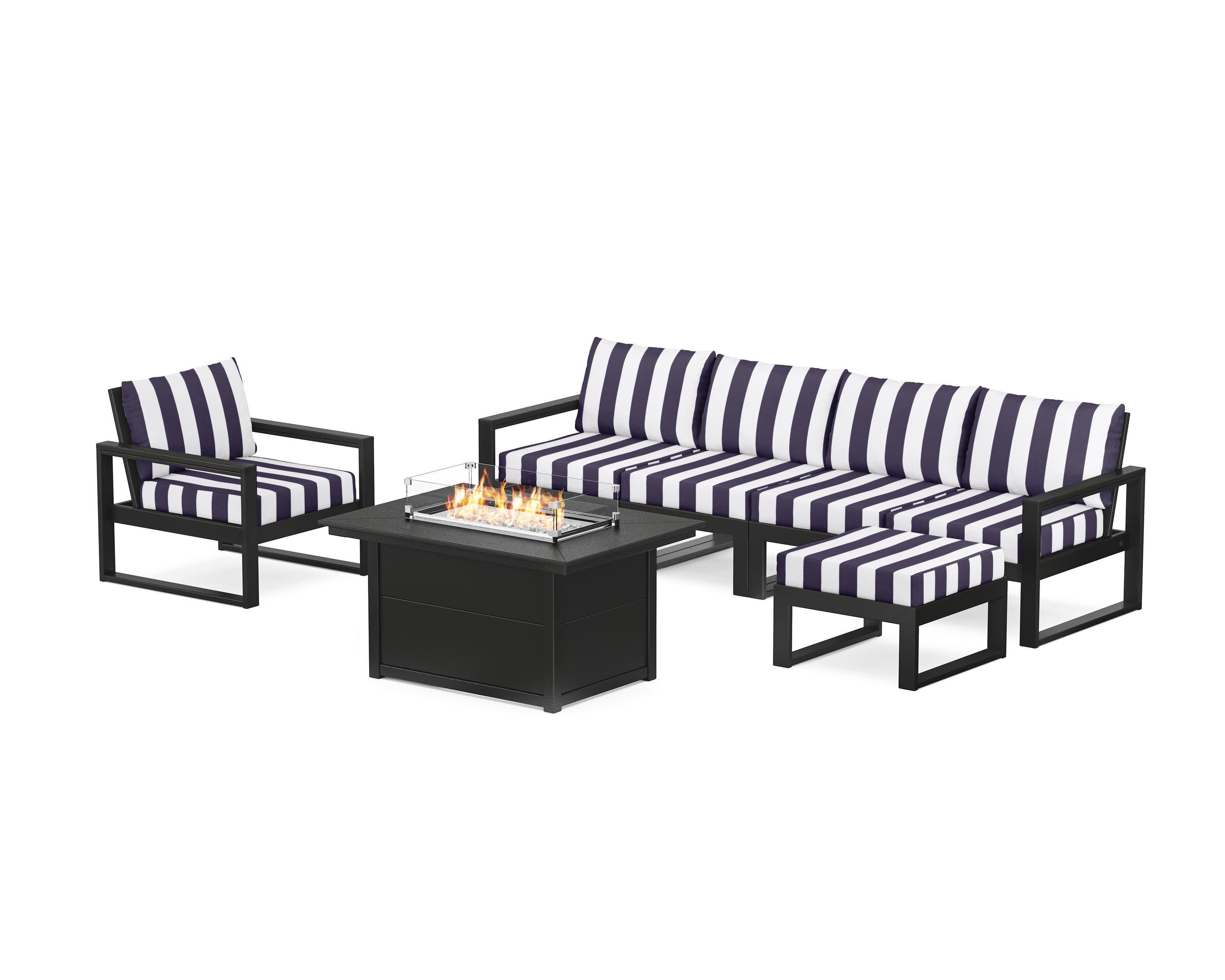 EDGE Sectional Lounge and Fire Pit Set in Black / Cabana Stripe Navy