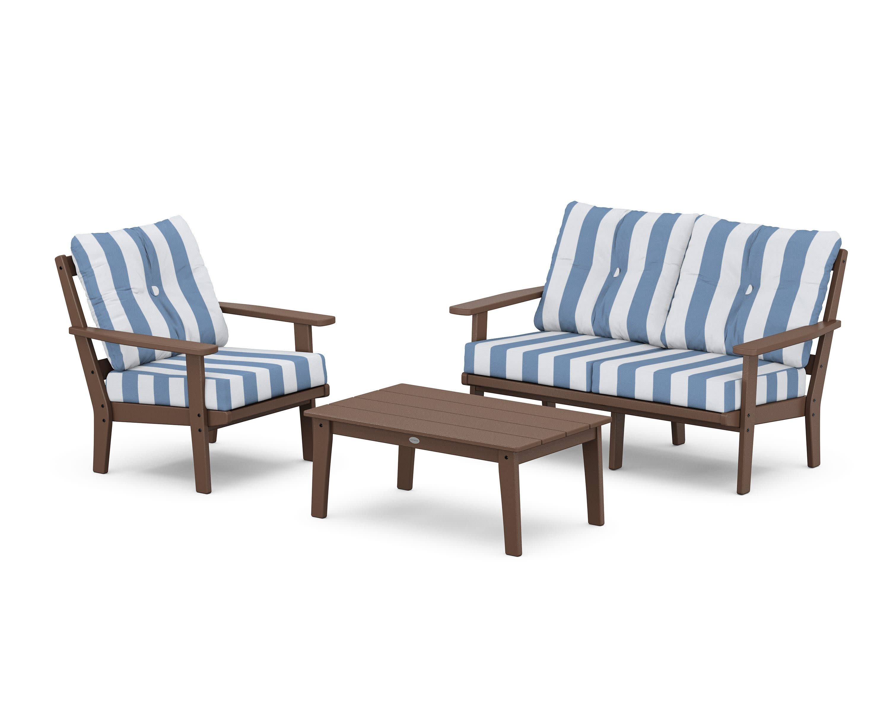 Oxford 3-Piece Deep Seating Set with Loveseat in Mahogany / Cabana Stripe Sky Blue