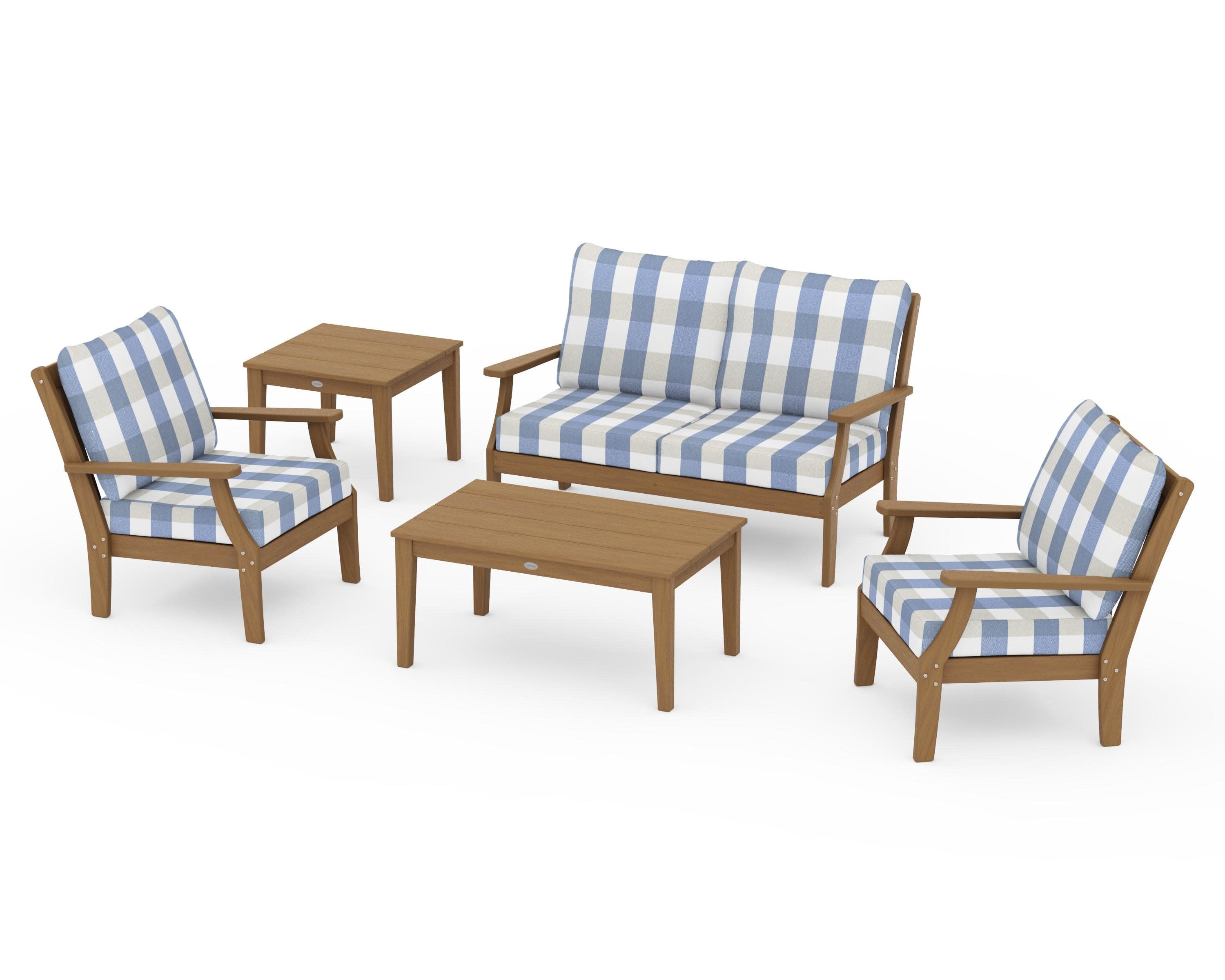 Braxton 5-Piece Deep Seating Set in Natural / Buffalo Plaid Sky Blue