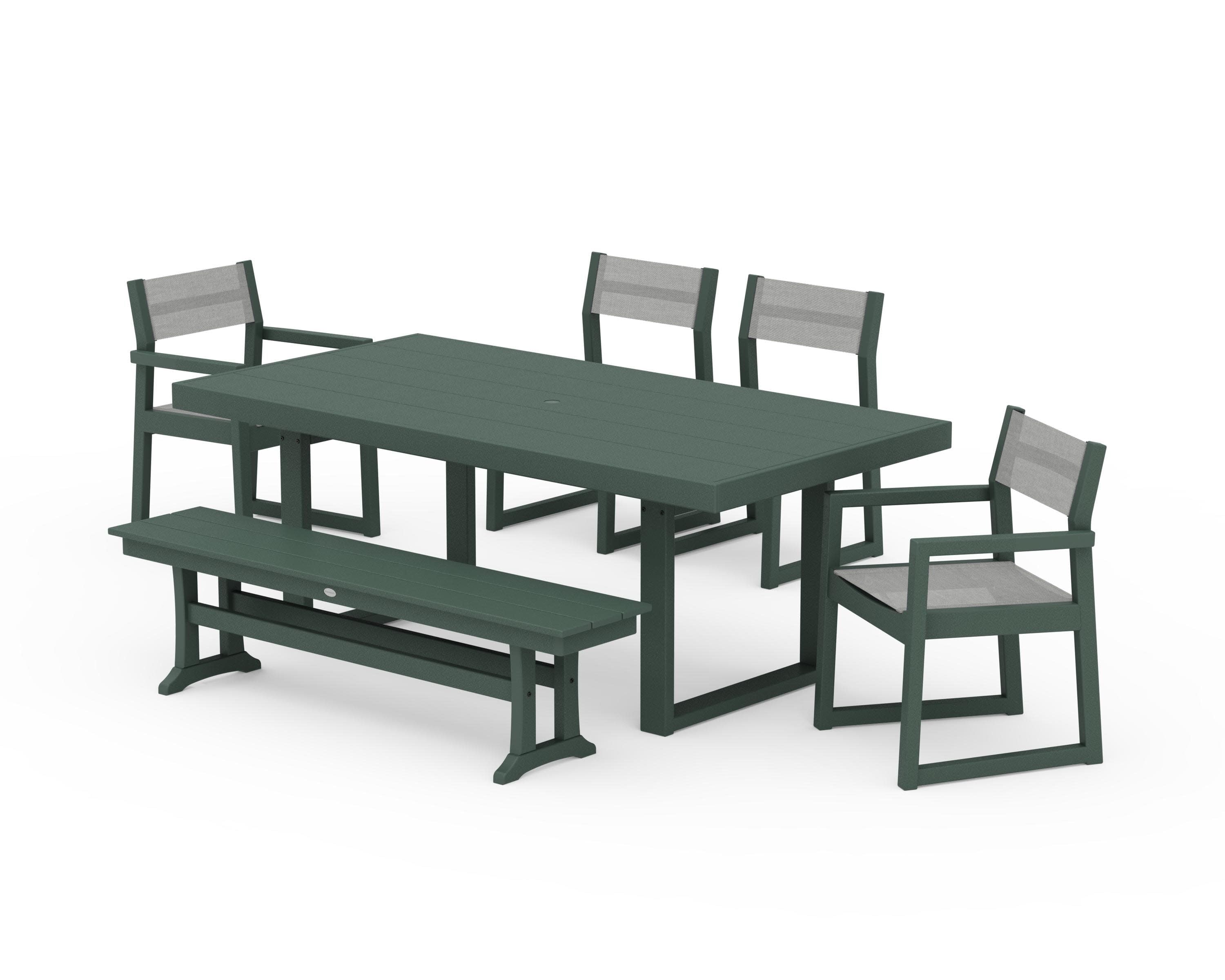 EDGE Sling 6-Piece Dining Set with Bench in Green / Metallic Sling