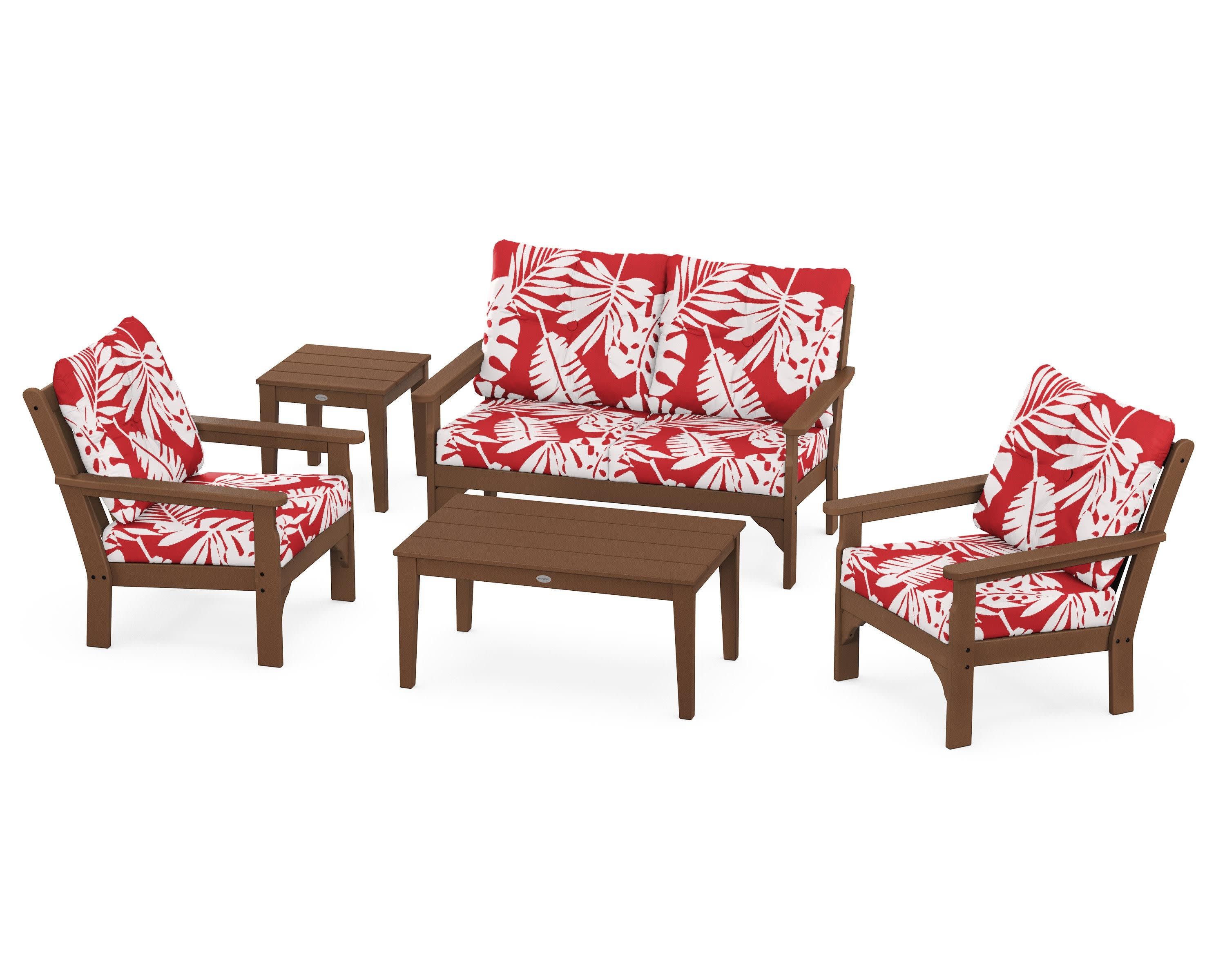 Vineyard 5-Piece Deep Seating Set in Teak / Leaf Crimson