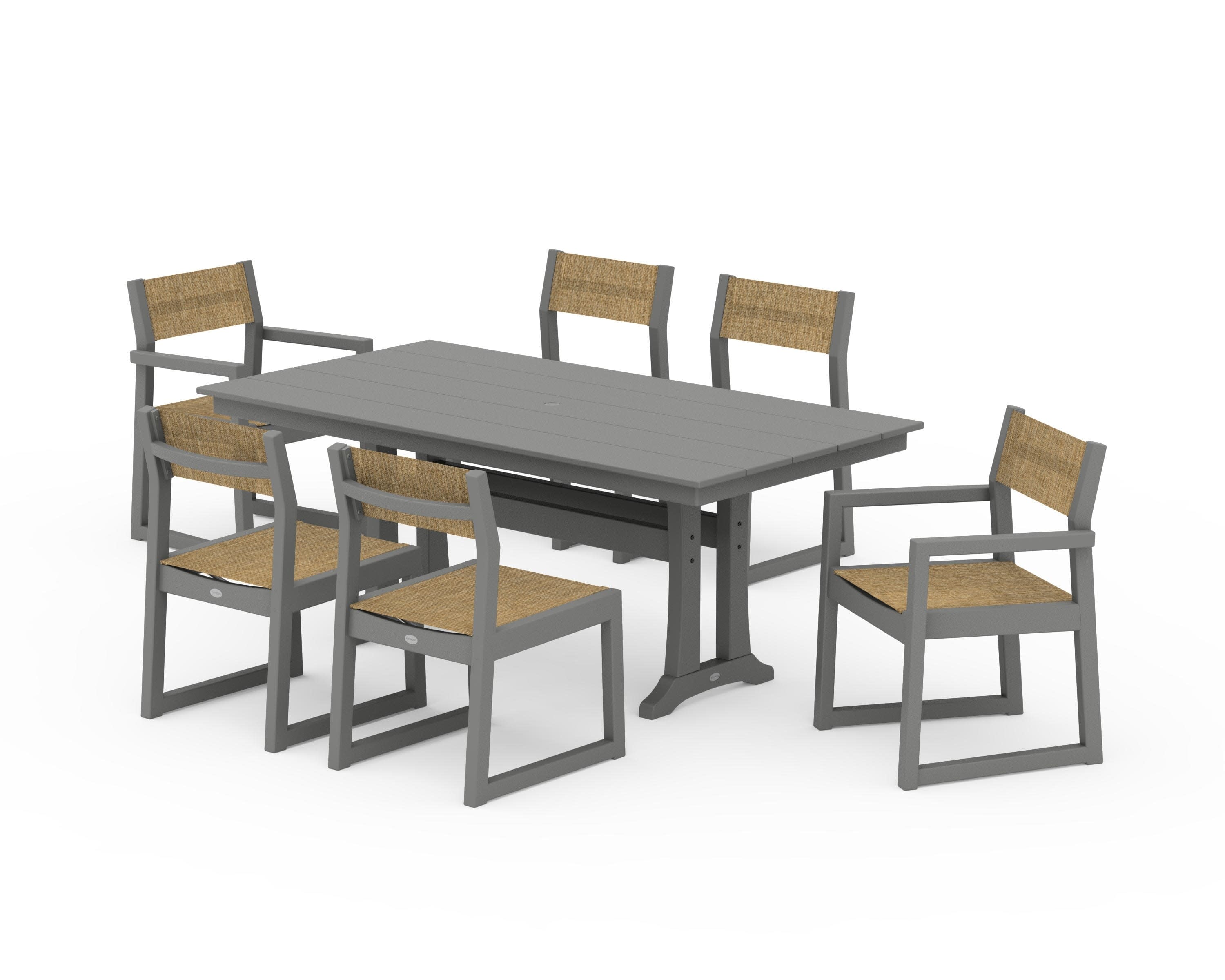 EDGE Sling 7-Piece Farmhouse Trestle Dining Set in Slate Grey / Burlap Sling