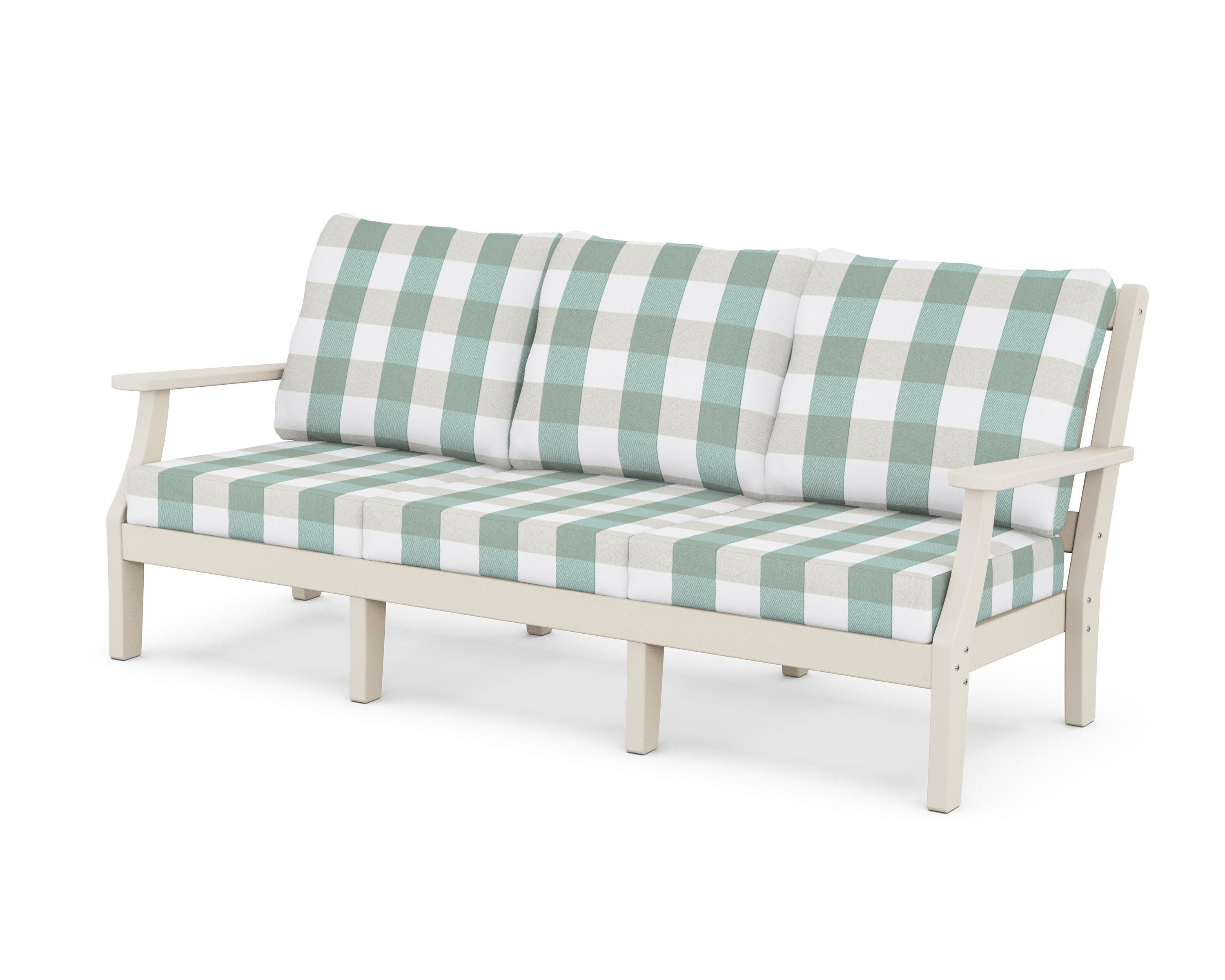 Chinoiserie Deep Seating Sofa in Sand / Buffalo Plaid Glacier Spa
