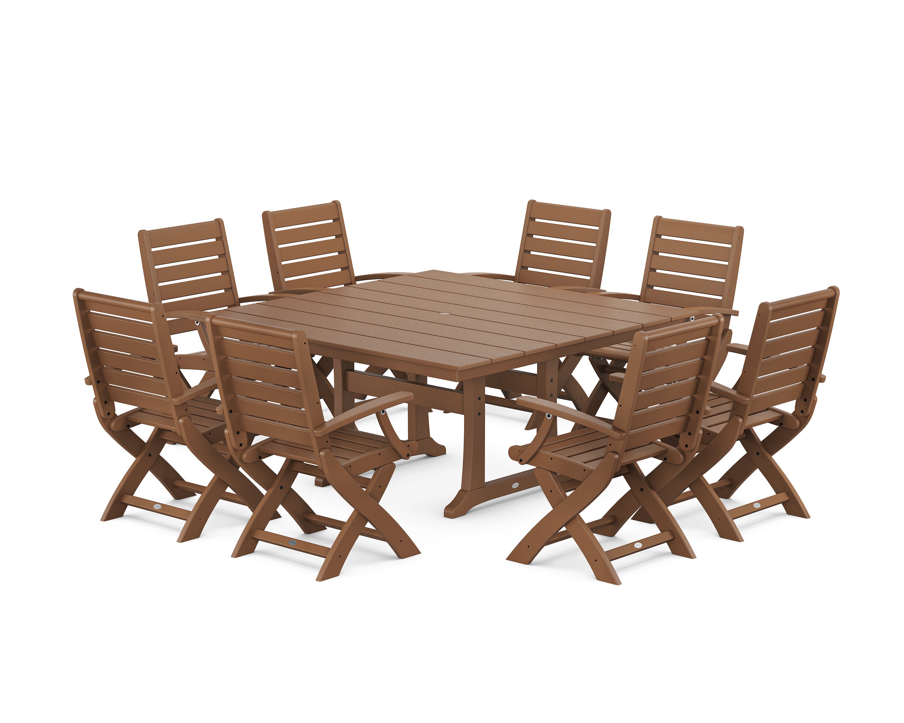 Signature Folding Chair 9-Piece Square Farmhouse Dining Set with Trestle Legs in Teak