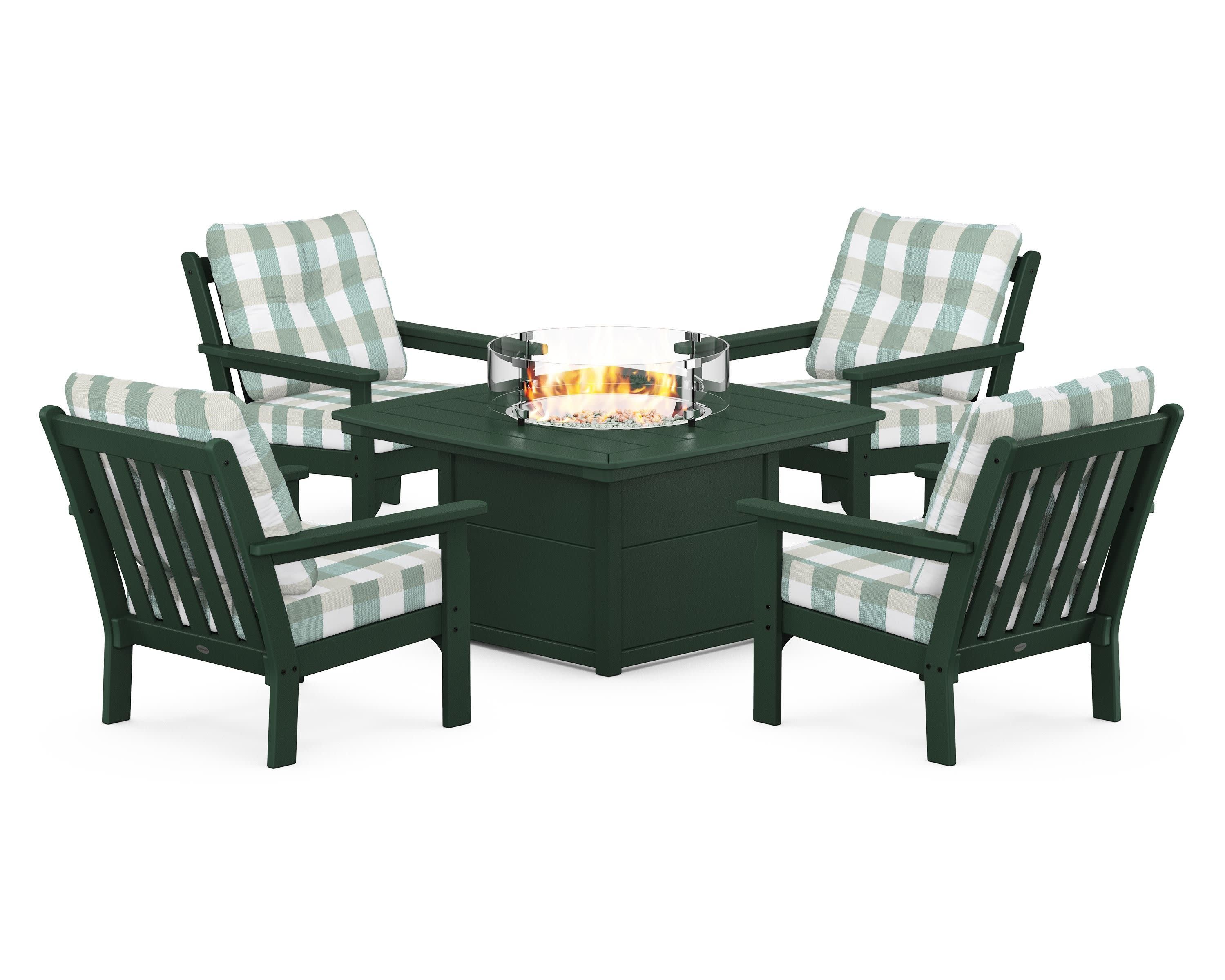 Vineyard 5-Piece Conversation Set with Fire Pit Table in Green / Buffalo Plaid Glacier Spa