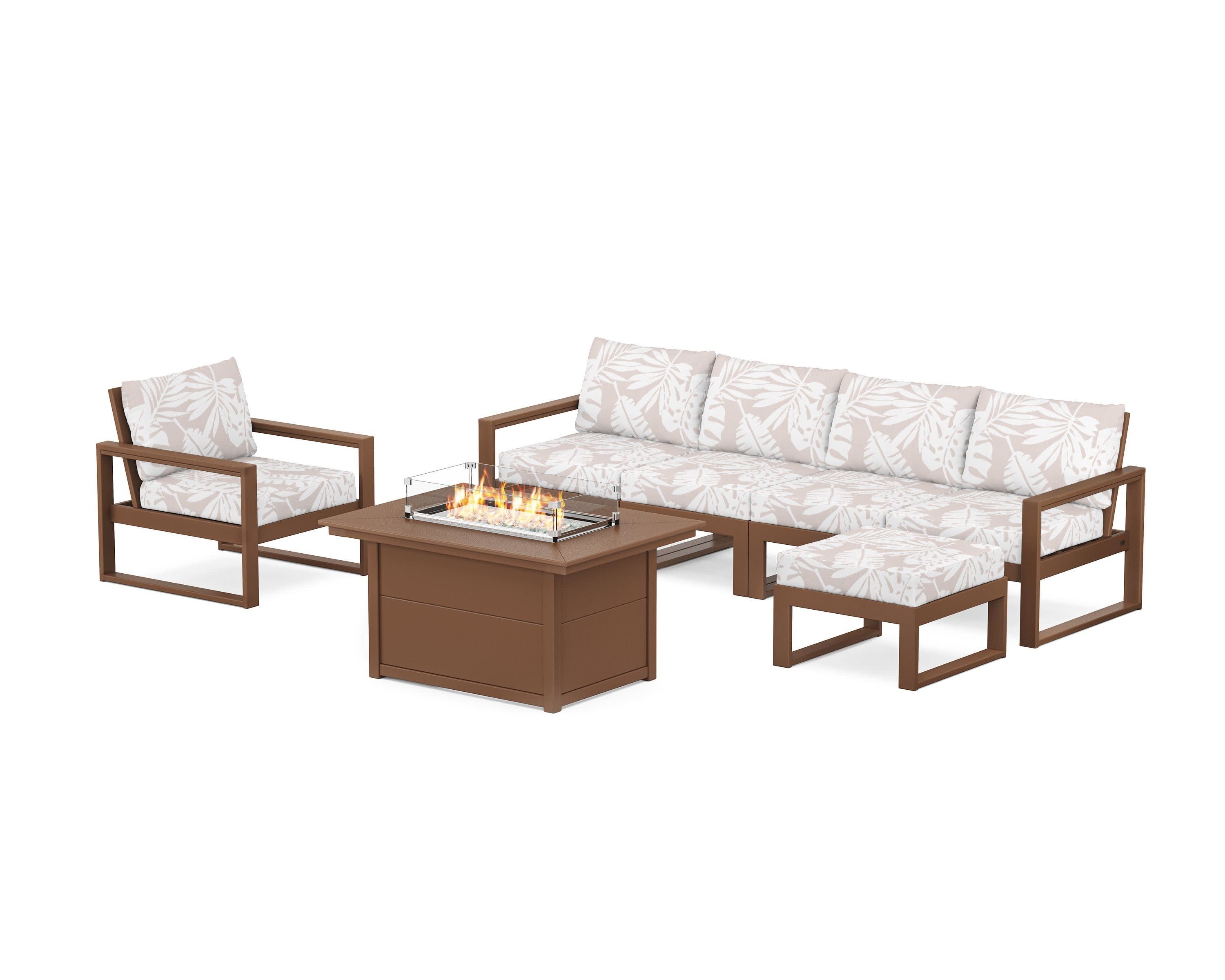 EDGE Sectional Lounge and Fire Pit Set in Teak / Leaf Dune Burlap