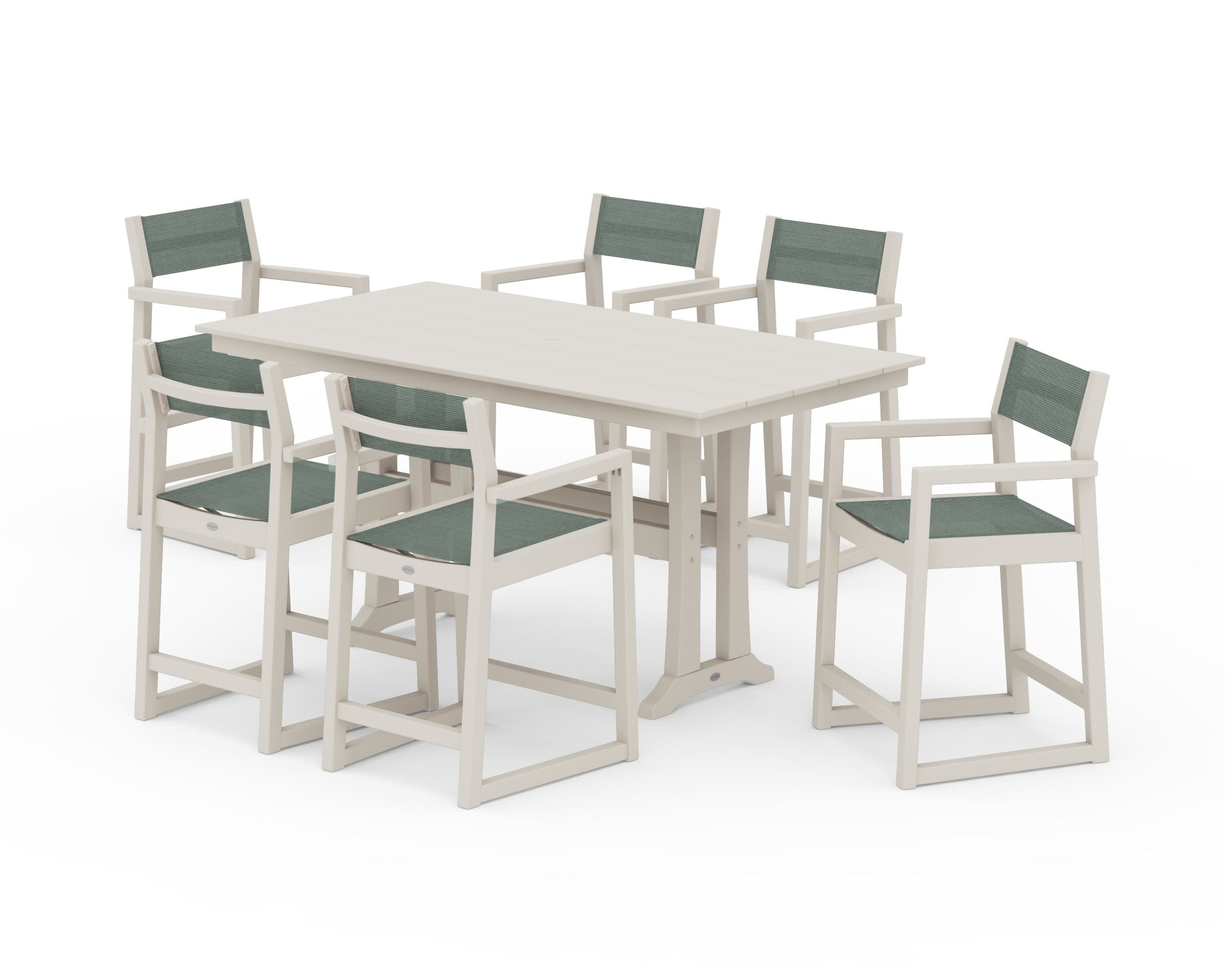 EDGE Sling Arm Chair 7-Piece Farmhouse Counter Set with Trestle Legs in Sand / Dupioni Sea Mist Sling