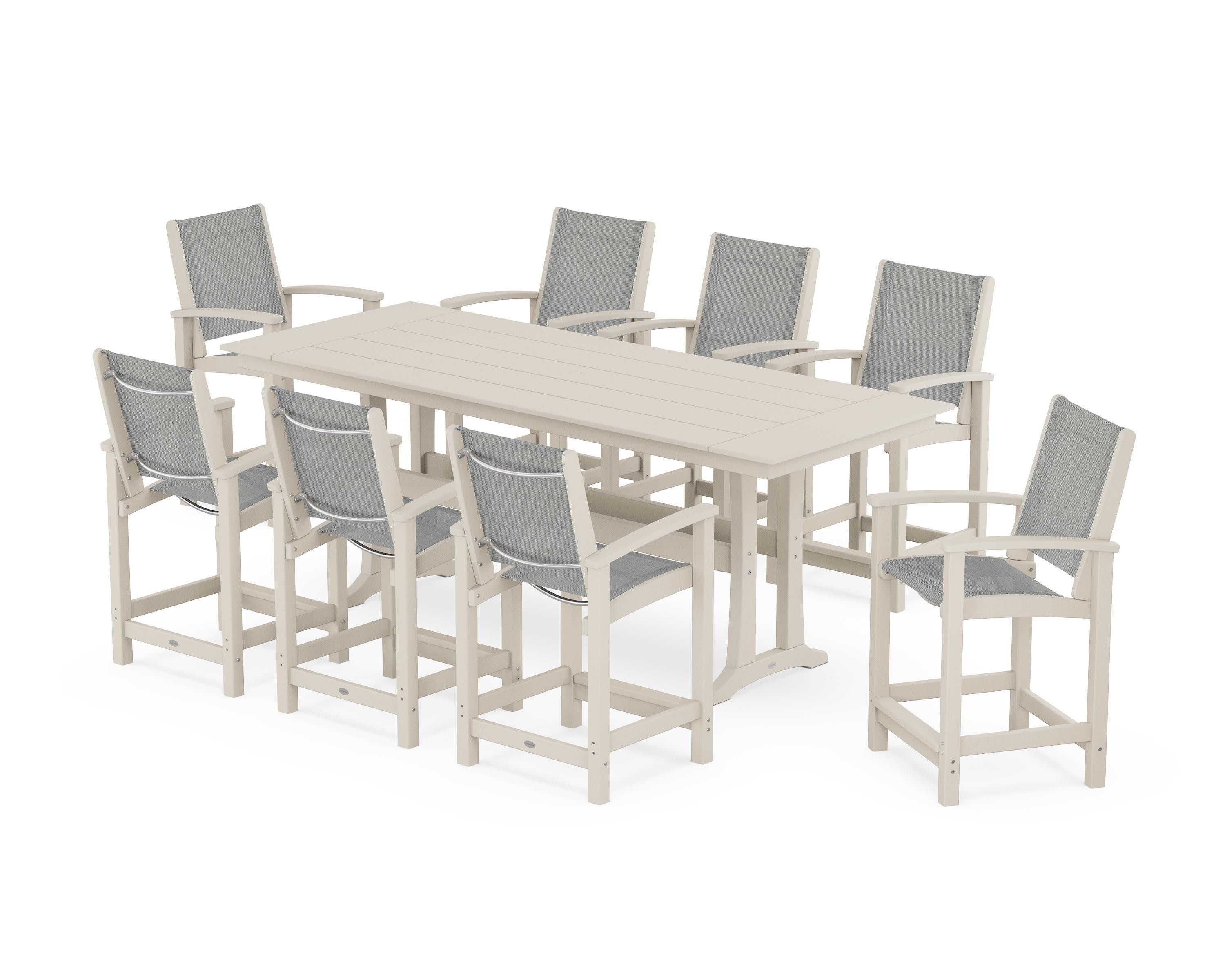 Coastal 9-Piece Farmhouse Counter Set with Trestle Legs in Sand / Metallic Sling