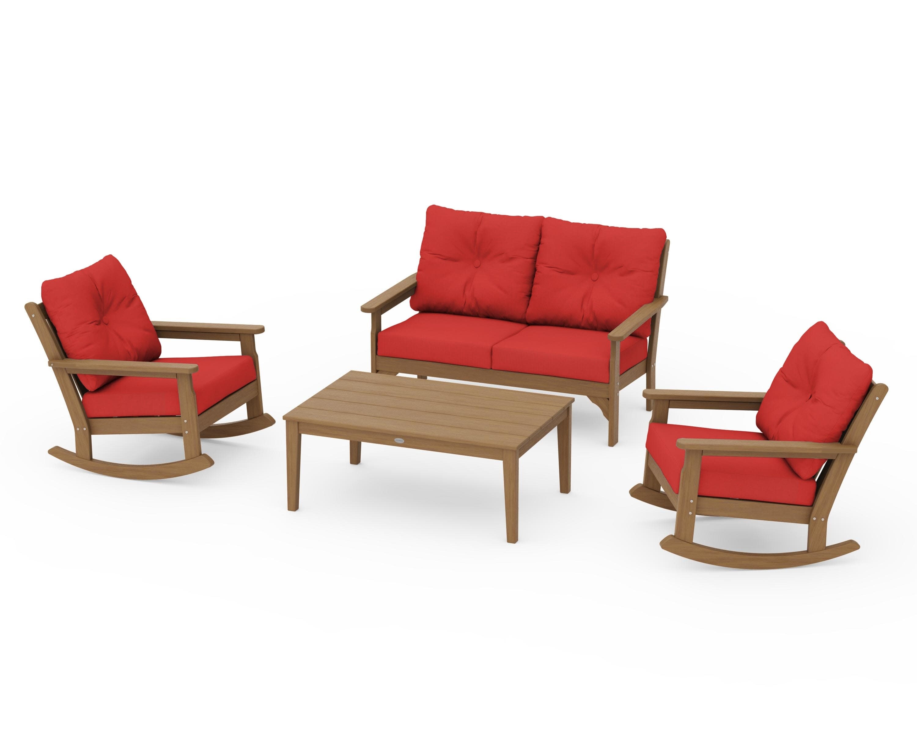 Vineyard 4-Piece Deep Seating Rocking Chair Set in Natural / Crimson Linen