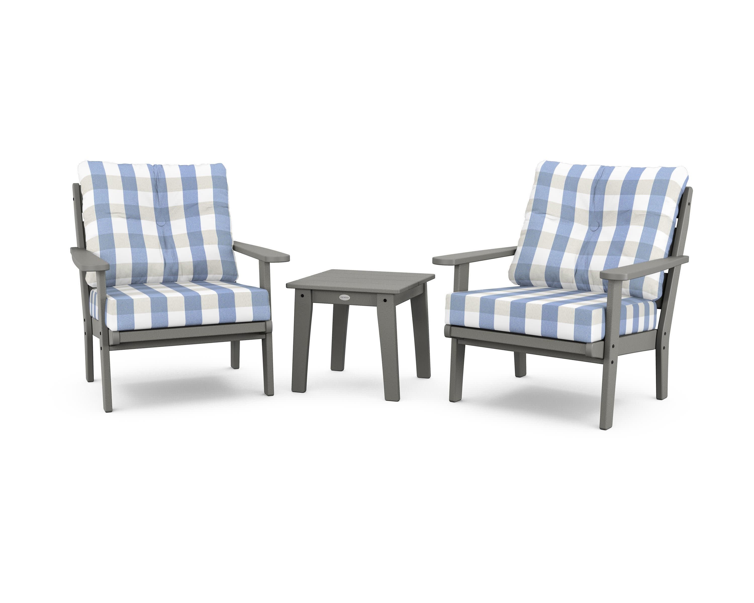 Lakeside 3-Piece Deep Seating Chair Set in Slate Grey / Buffalo Plaid Sky Blue