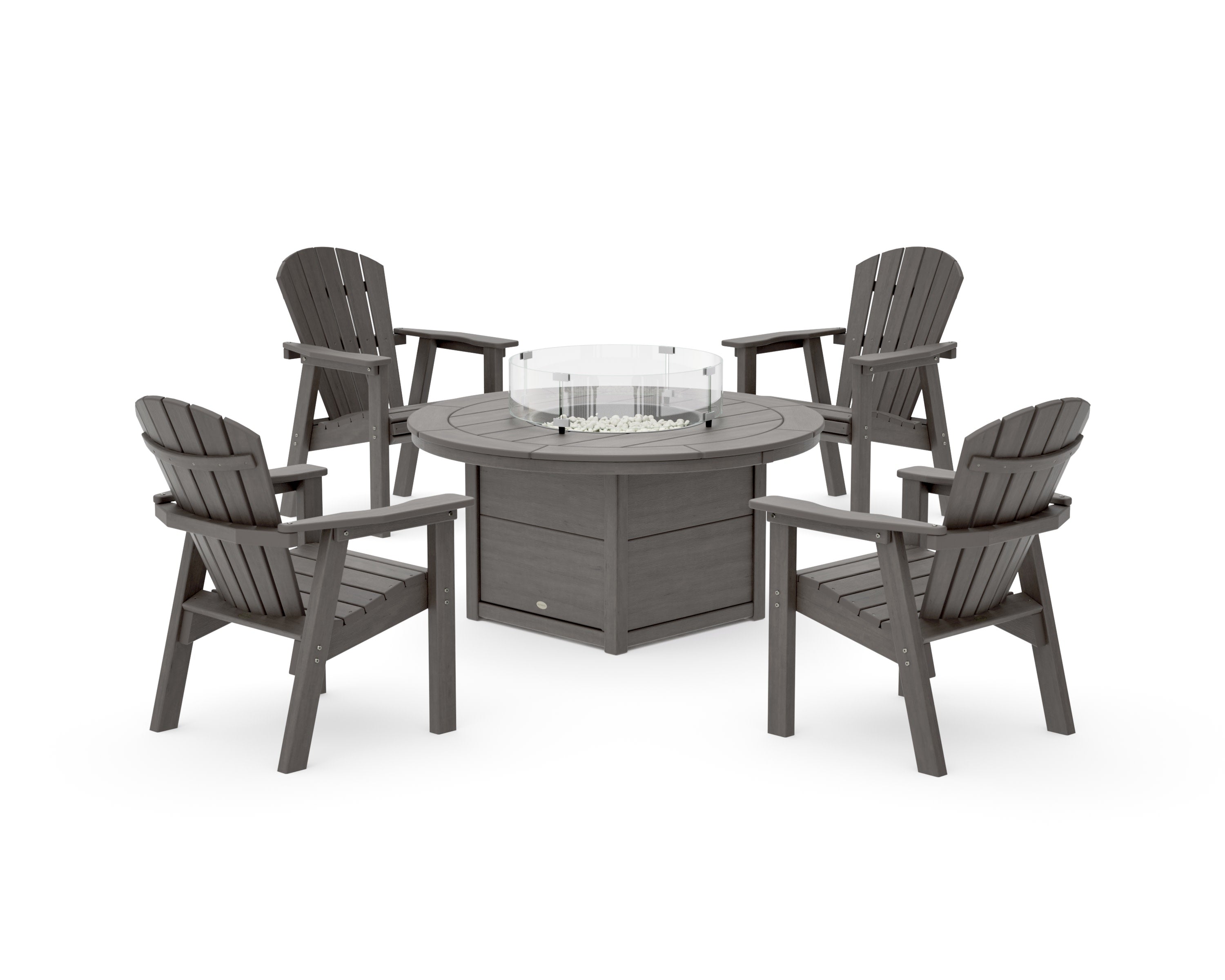 Seashell 4-Piece Upright Adirondack Conversation Set with Fire Pit Table in Driftwood