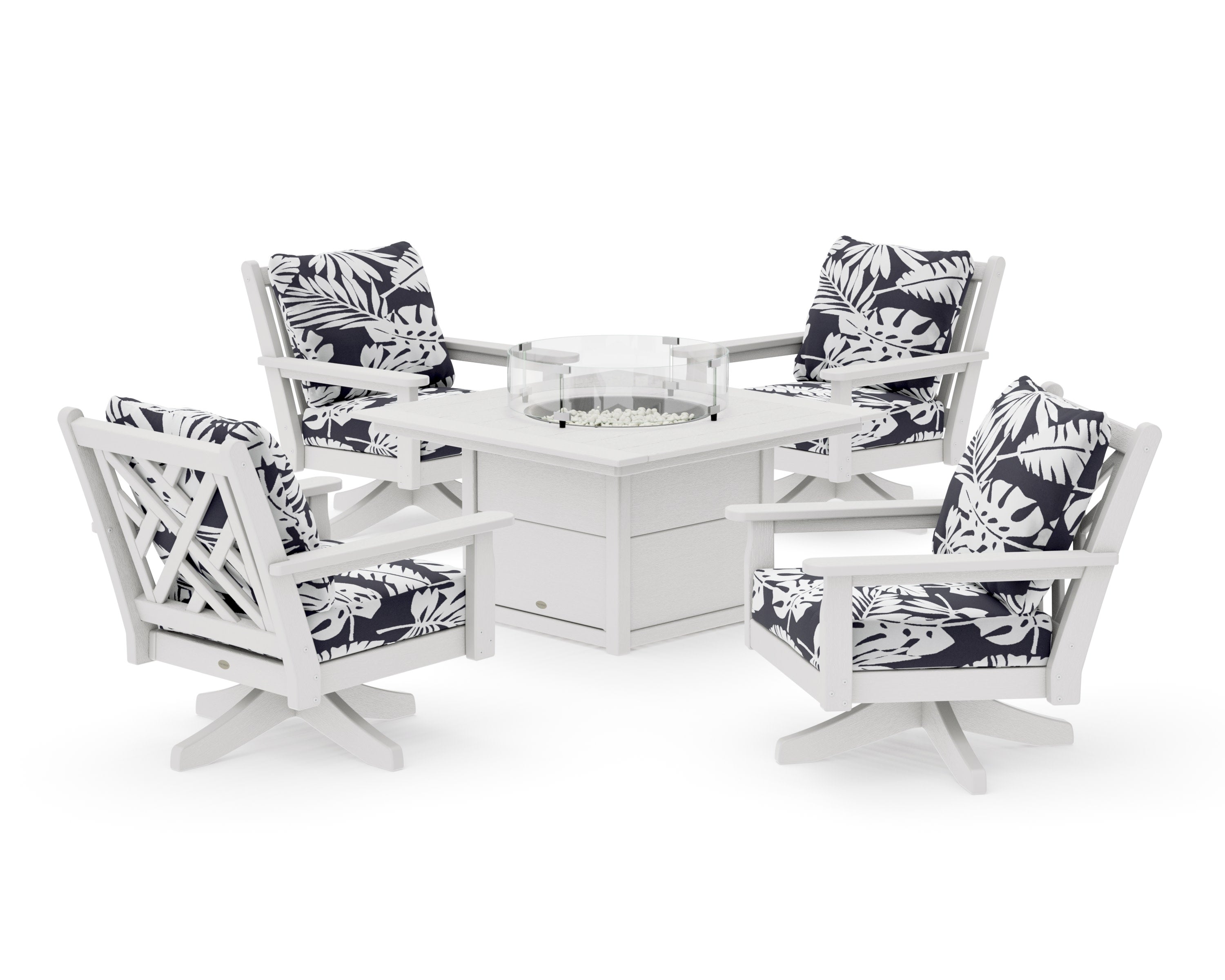 Chippendale 5-Piece Deep Seating Swivel Conversation Set with Fire Pit Table in Vintage White / Leaf Navy