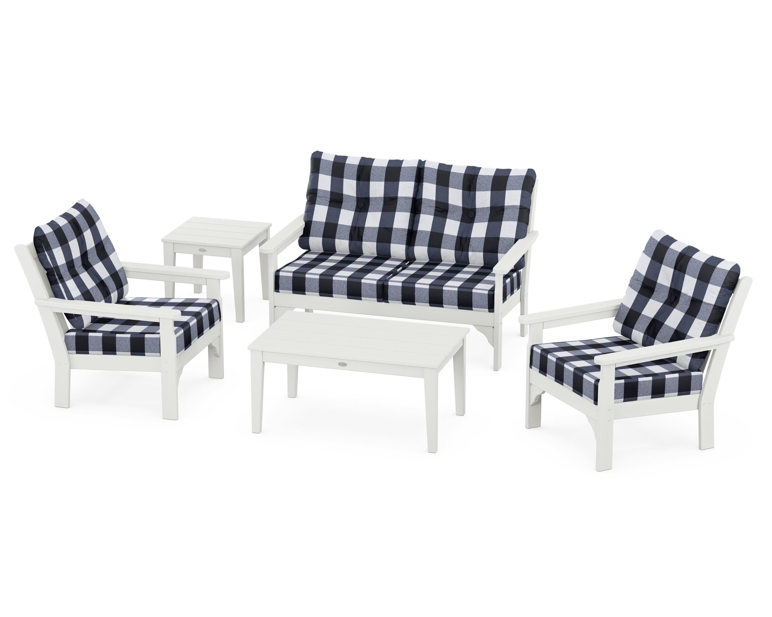 Vineyard 5-Piece Deep Seating Set in Vintage White / Buffalo Plaid Marine Indigo