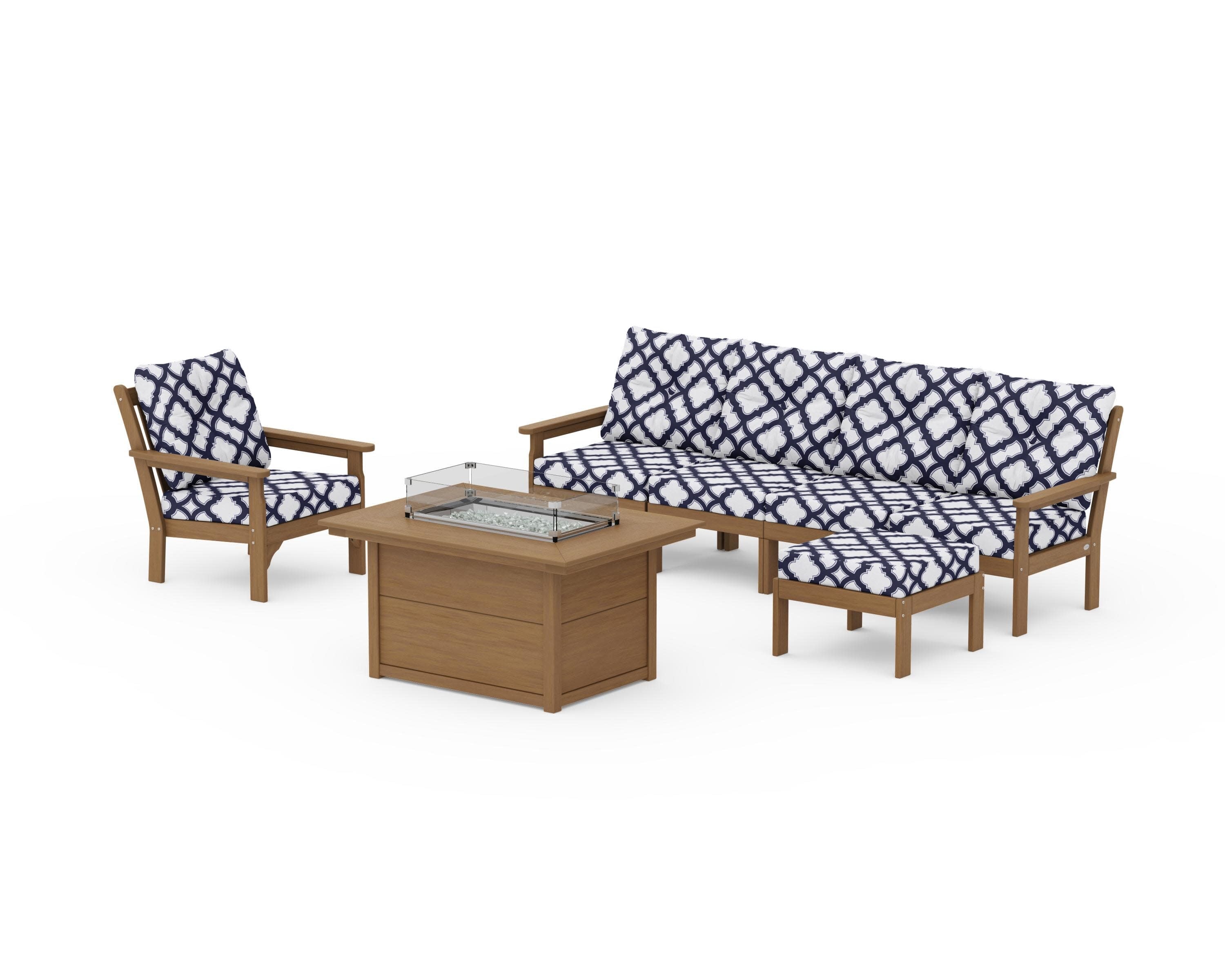 Vineyard Sectional Lounge and Fire Pit Set in Natural / Trellis Navy
