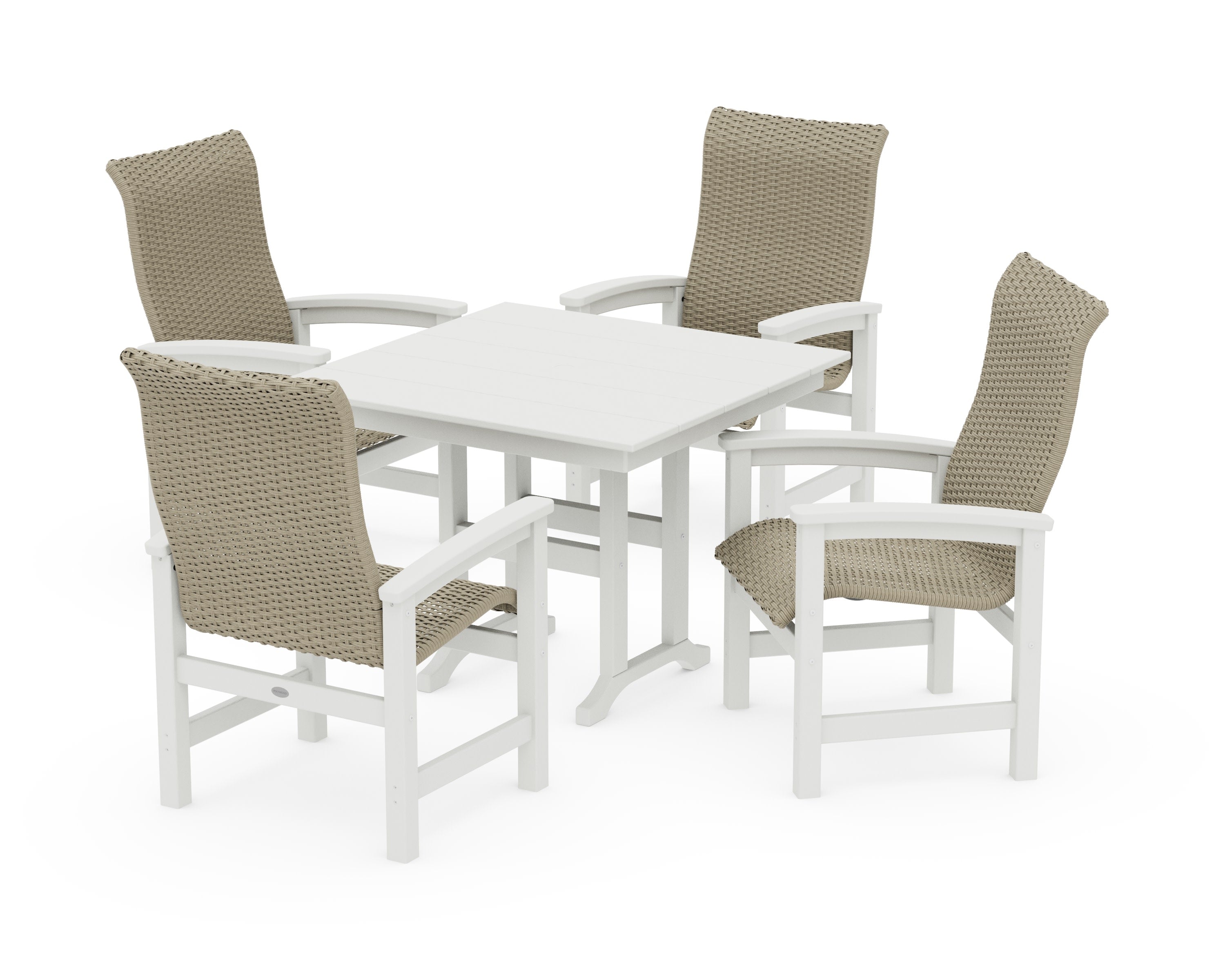 Coastal Woven High-Back 5-Piece Farmhouse Dining Set in Vintage White / Dune Grass