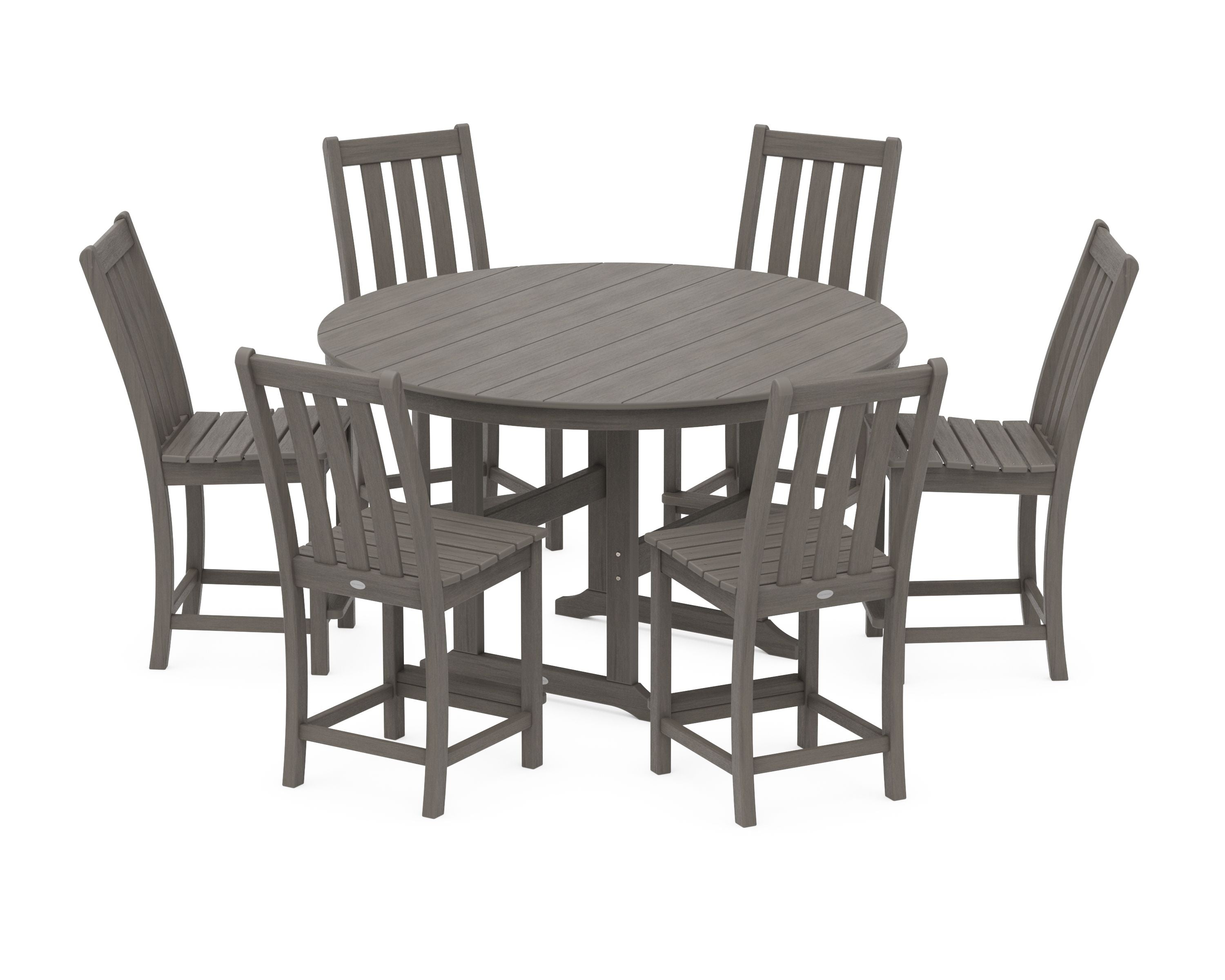 Vineyard 7-Piece Farmhouse Side Chair Round Farmhouse Counter Set in Driftwood