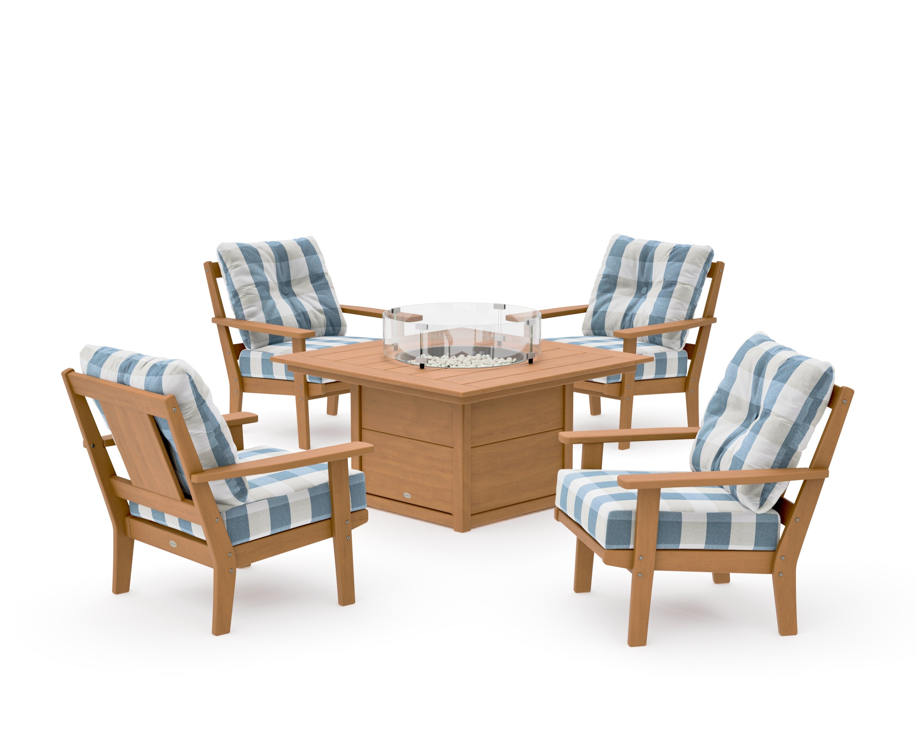 Prairie 5-Piece Deep Seating Set with Fire Pit Table in Natural / Buffalo Plaid Sky Blue