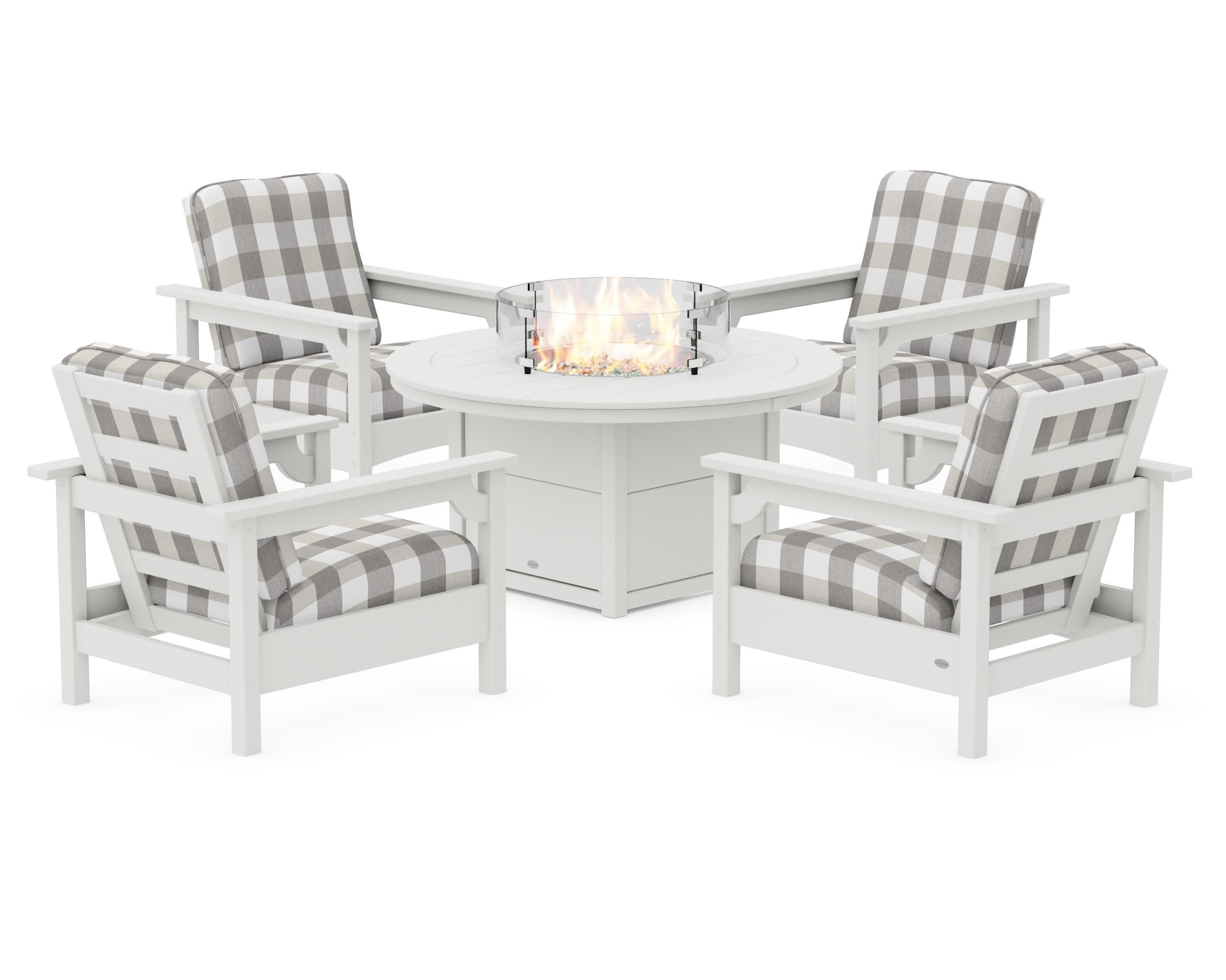 Club 5-Piece Conversation Set with Fire Pit Table in Vintage White / Buffalo Plaid Grey Mist