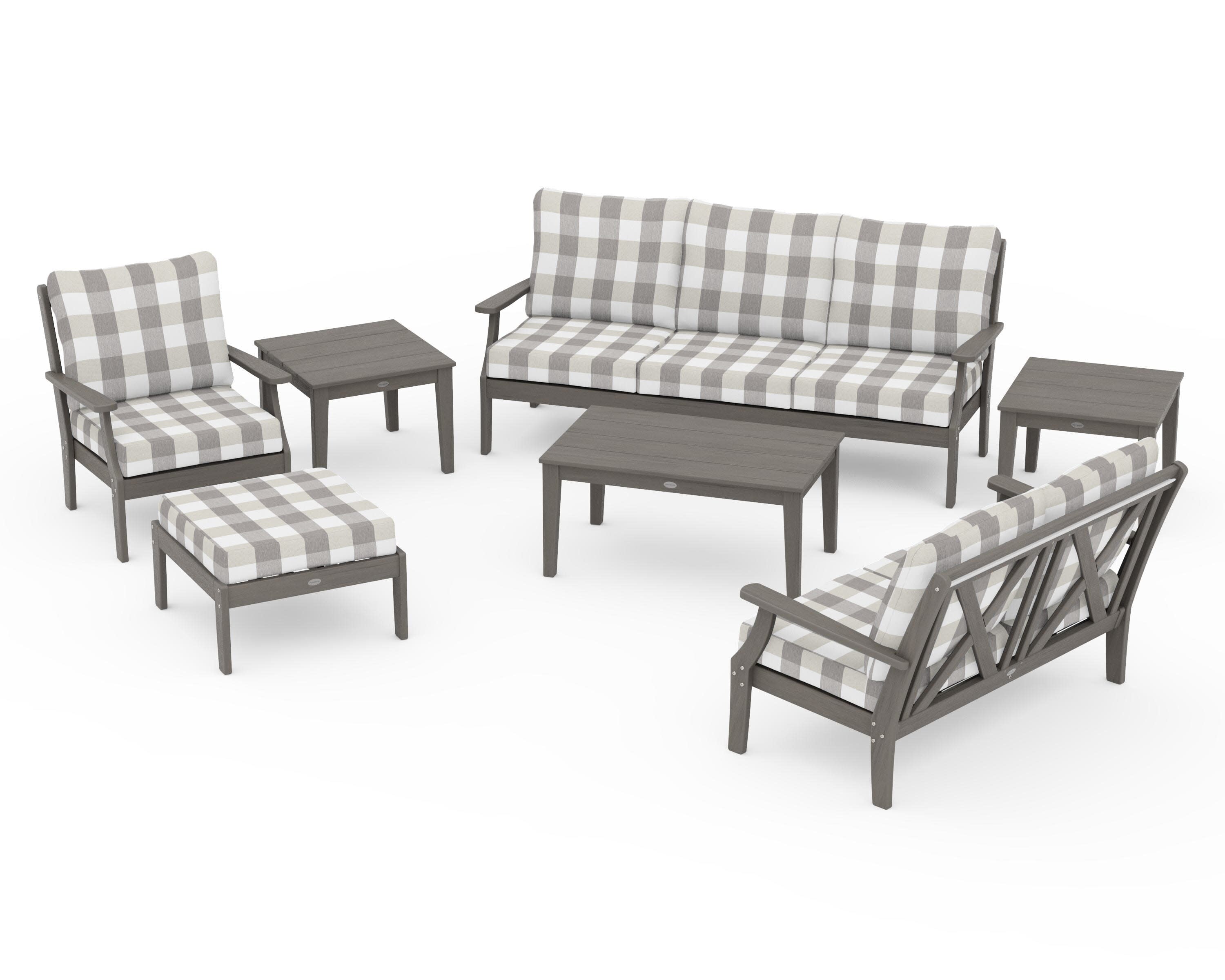 Braxton 7-Piece Deep Seating Set in Driftwood / Buffalo Plaid Grey Mist