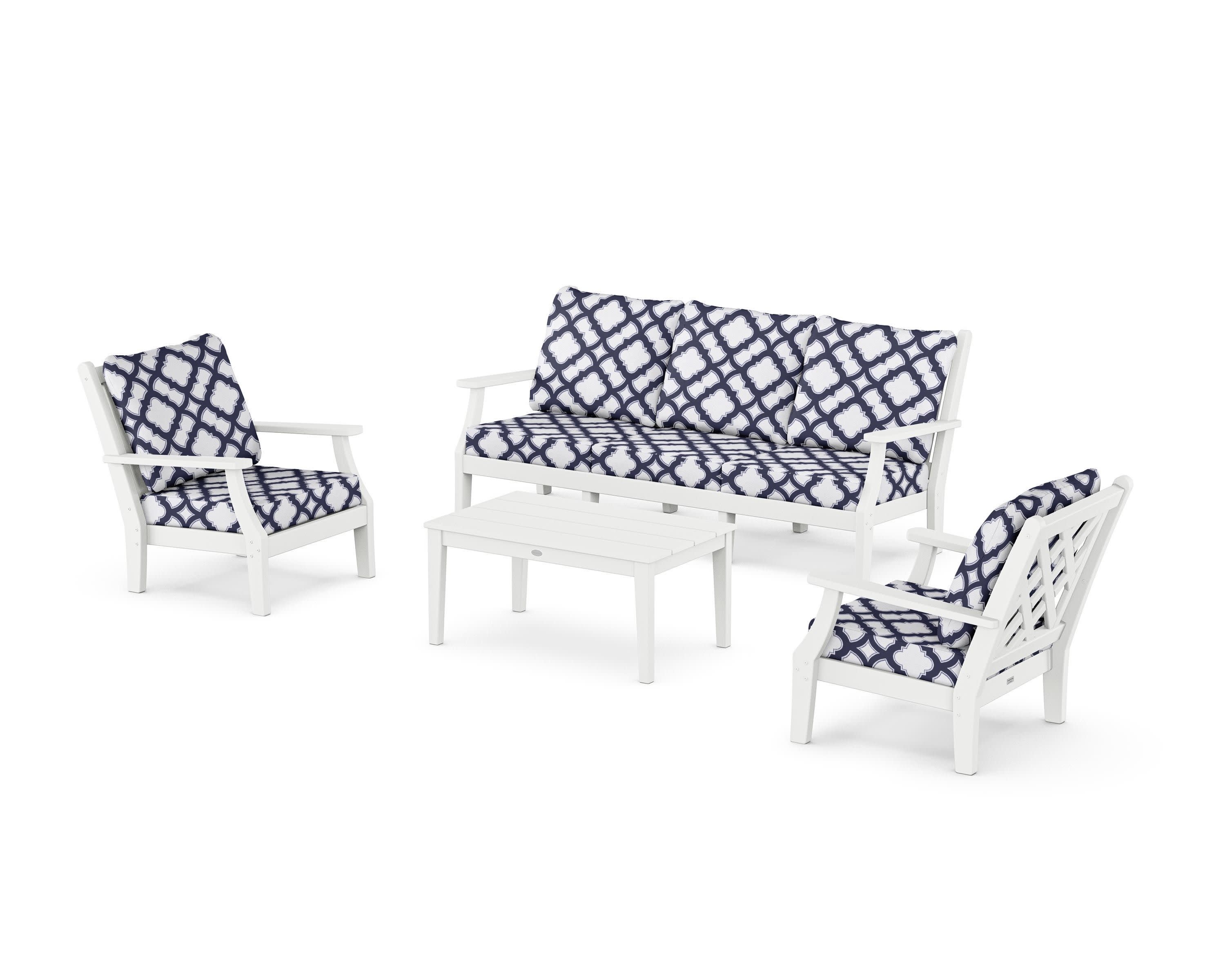 Wovendale 4-Piece Deep Seating Set with Sofa in White / Trellis Navy