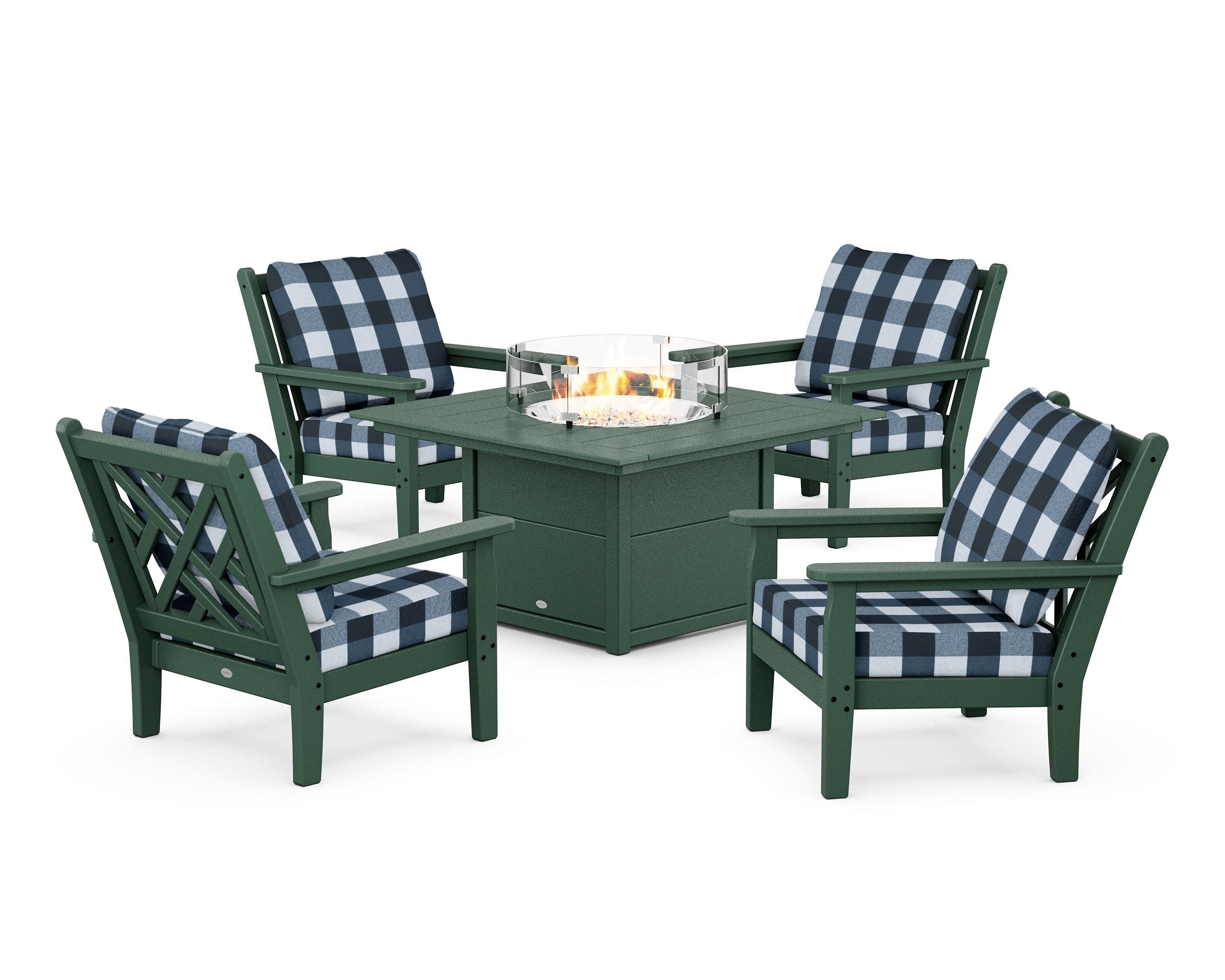 Chippendale 5-Piece Deep Seating Set with Fire Pit Table in Green / Buffalo Plaid Marine Indigo