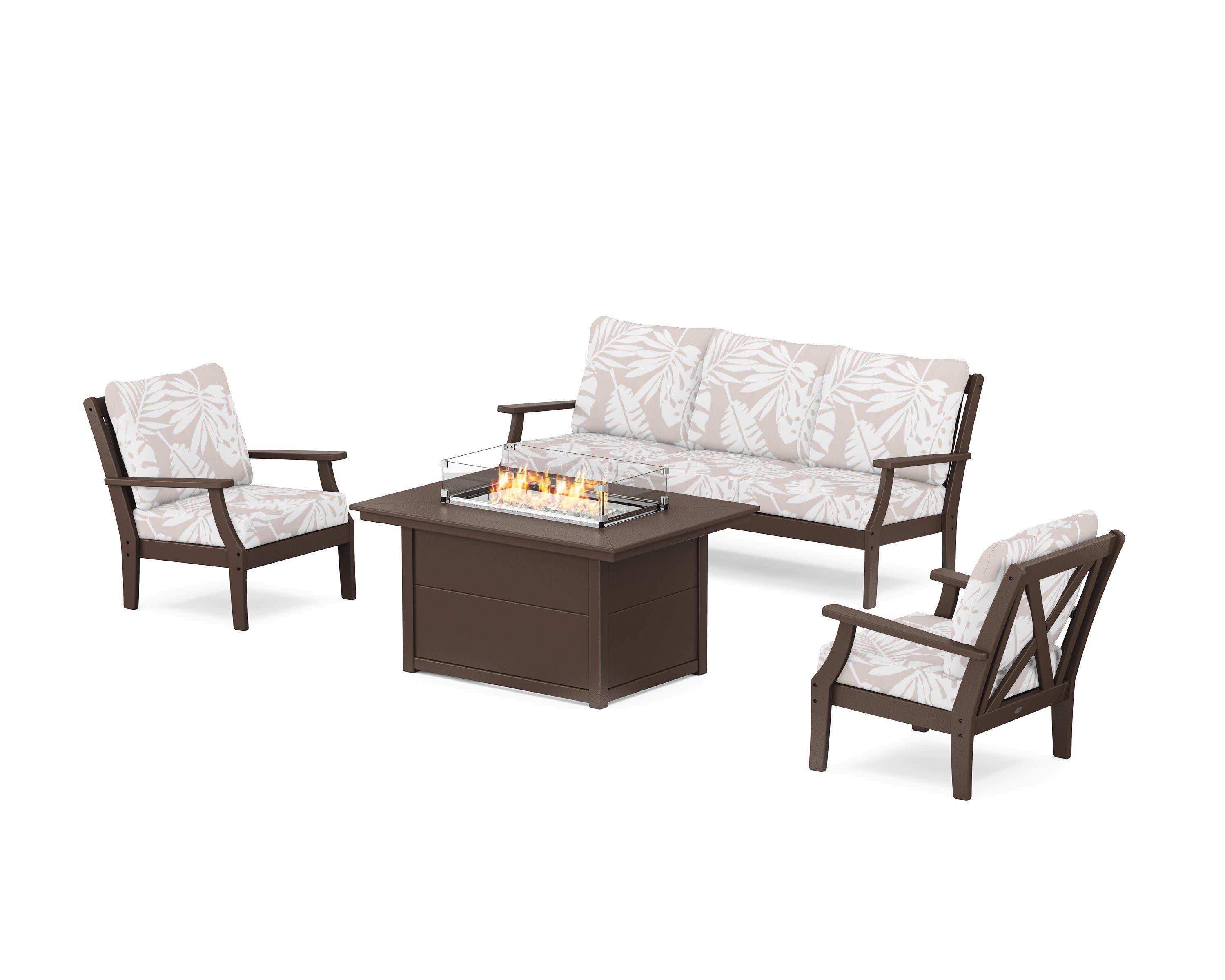 Braxton Deep Seating Fire Pit Table Set in Mahogany / Leaf Dune Burlap