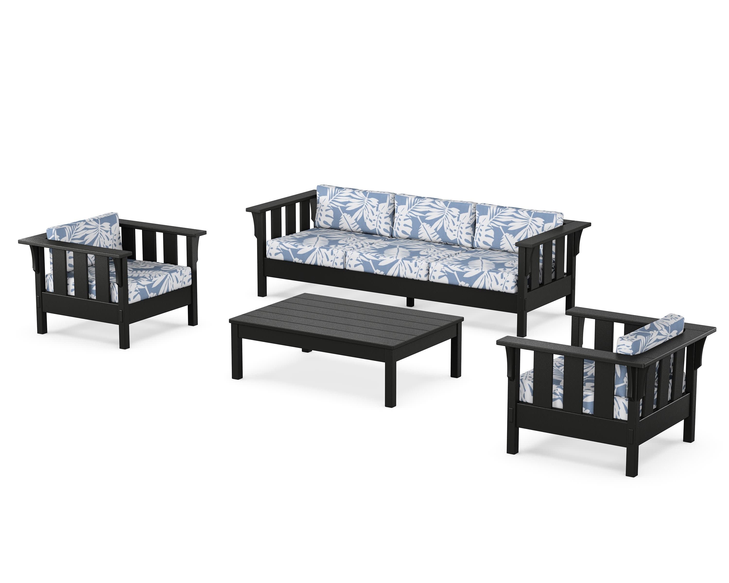 Acadia 4-Piece Deep Seating Set with Sofa in Black / Leaf Sky Blue
