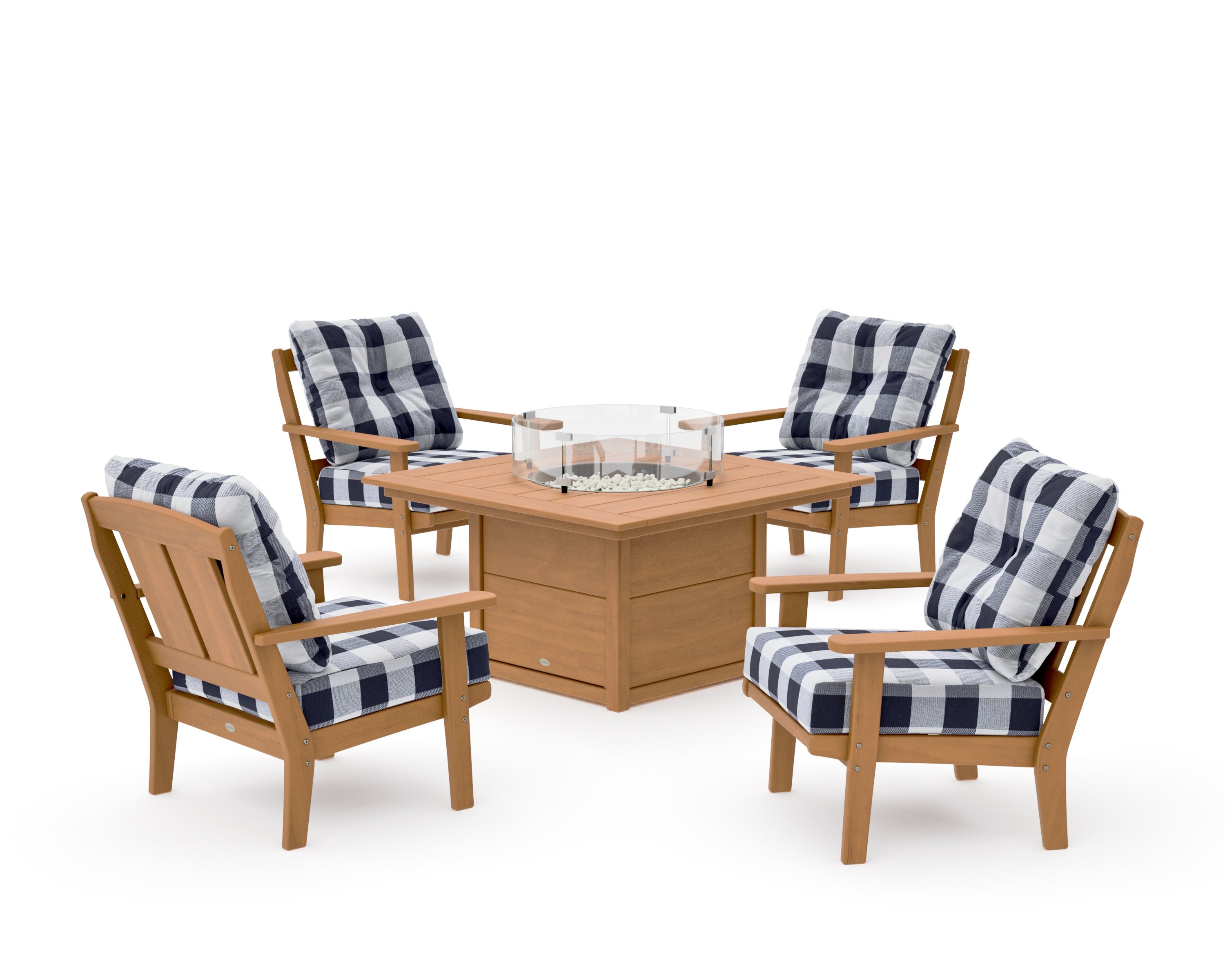 Mission 5-Piece Deep Seating Set with Fire Pit Table in Natural / Buffalo Plaid Navy