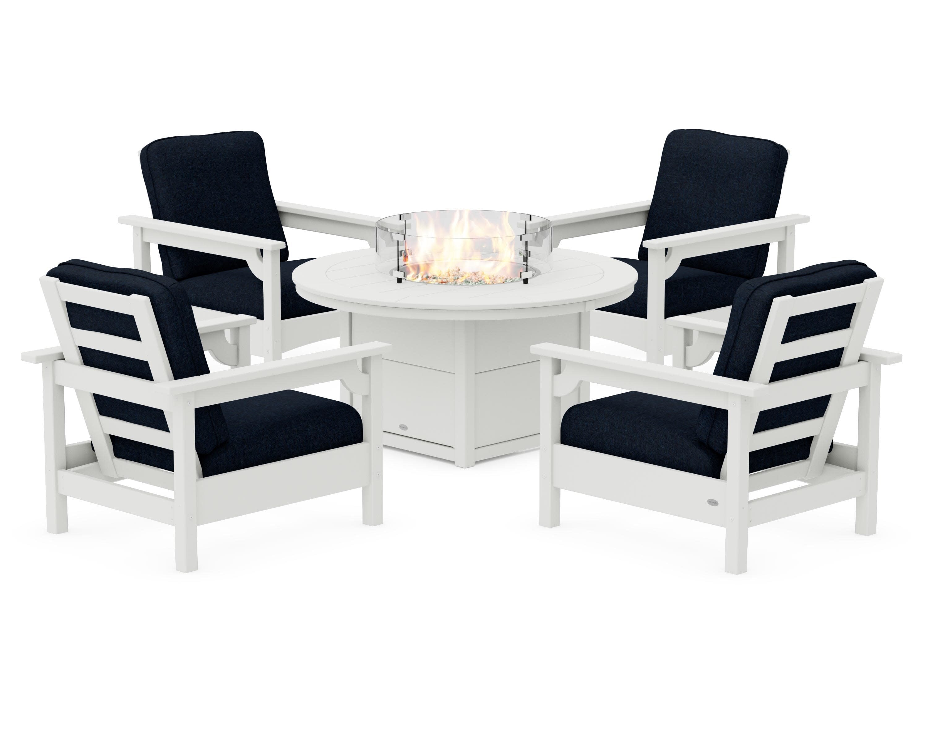 Club 5-Piece Conversation Set with Fire Pit Table in Vintage White / Marine Indigo