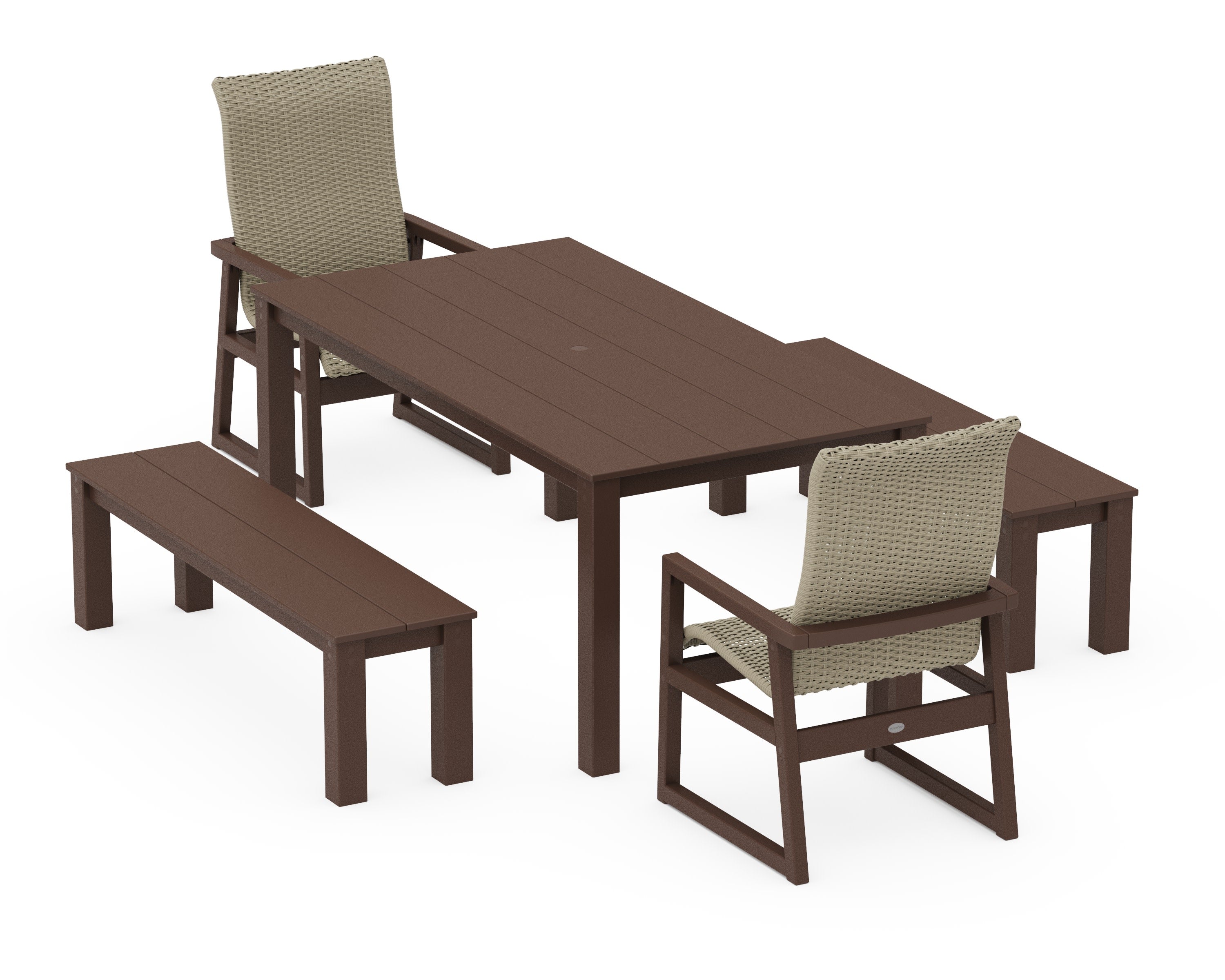 EDGE Woven Highback 5-Piece Parsons Dining Set with Benches in Mahogany / Dune Grass