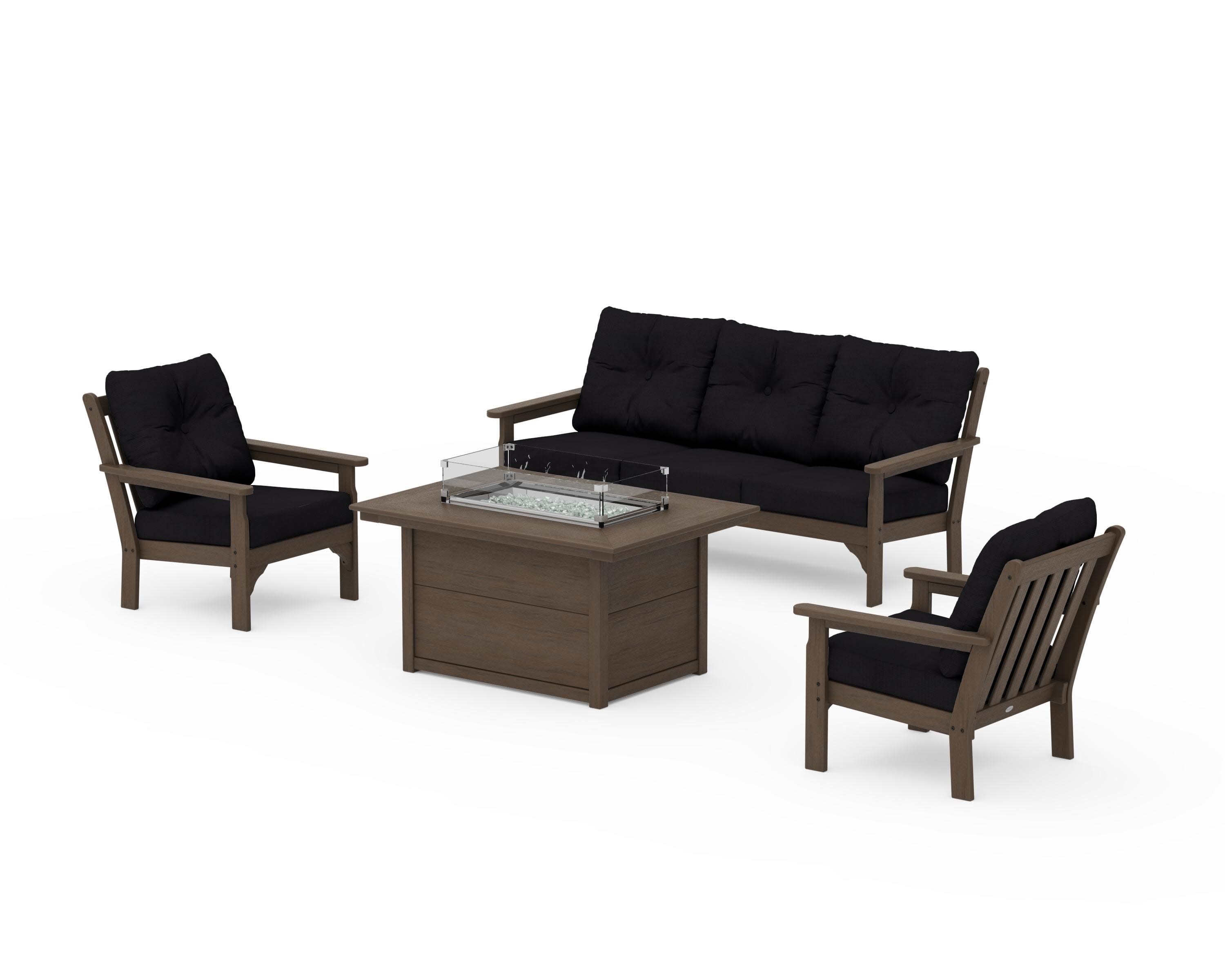 Vineyard Deep Seating Fire Pit Table Set in Kona / Midnight Linen