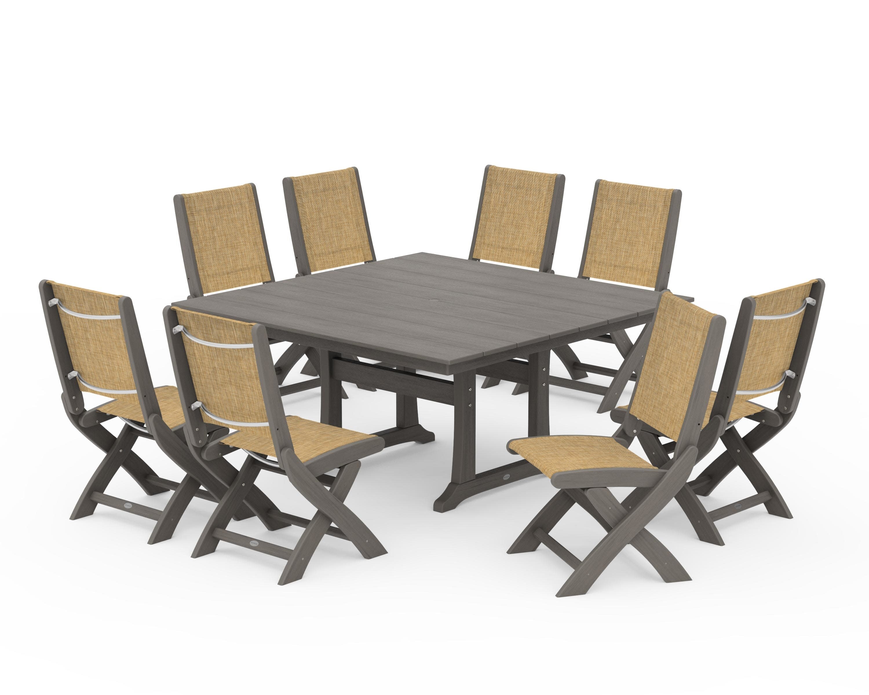 Coastal Folding Side Chair 9-Piece Farmhouse Dining Set in Driftwood / Burlap Sling