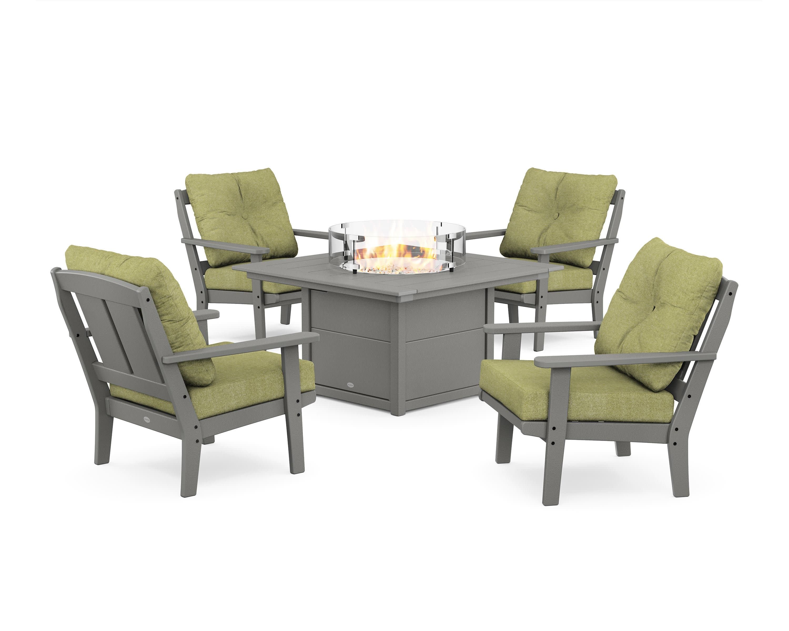 Mission 5-Piece Deep Seating Set with Fire Pit Table in Slate Grey / Chartreuse Boucle