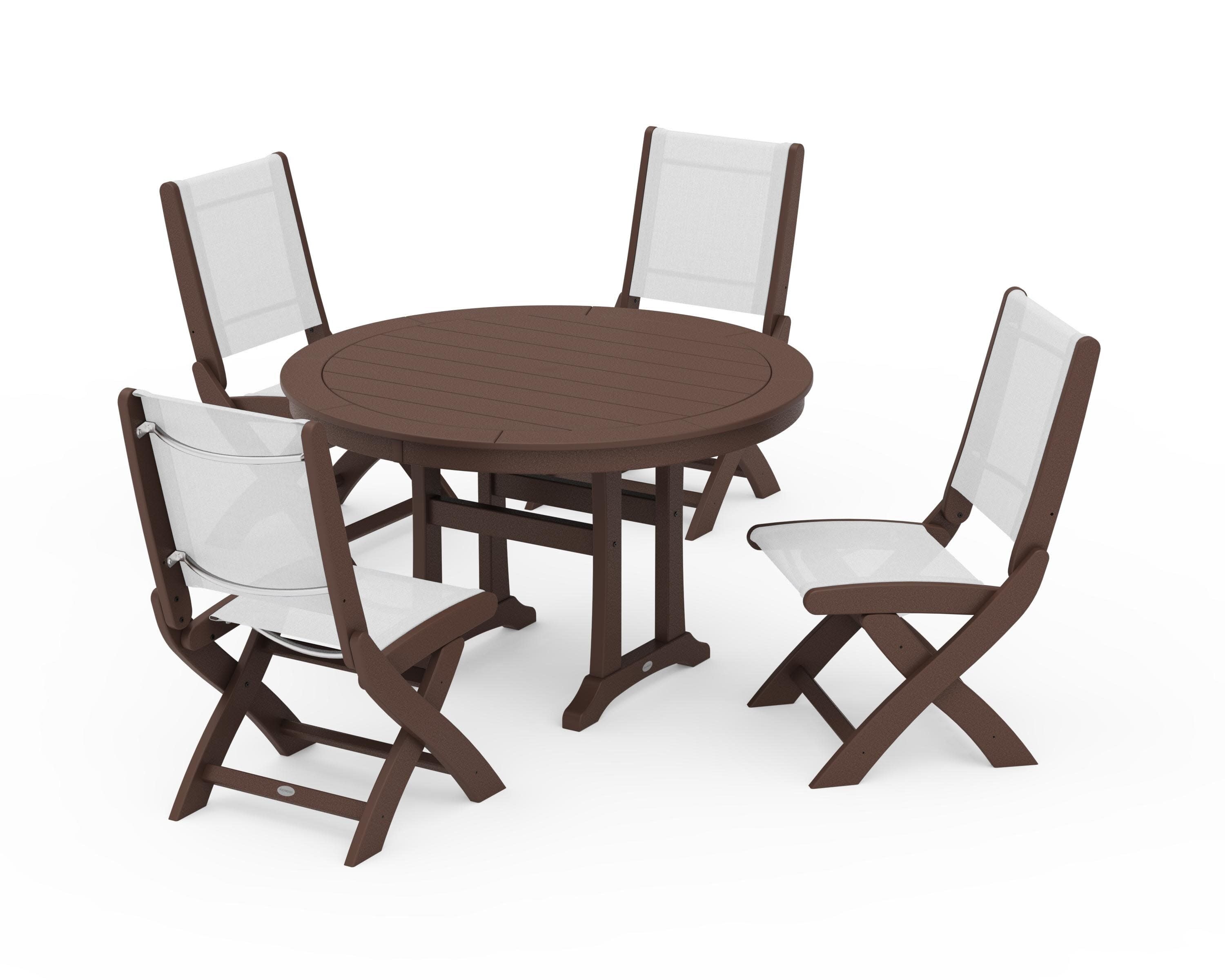Coastal Folding Side Chair 5-Piece Round Dining Set With Trestle Legs in Mahogany / White Sling