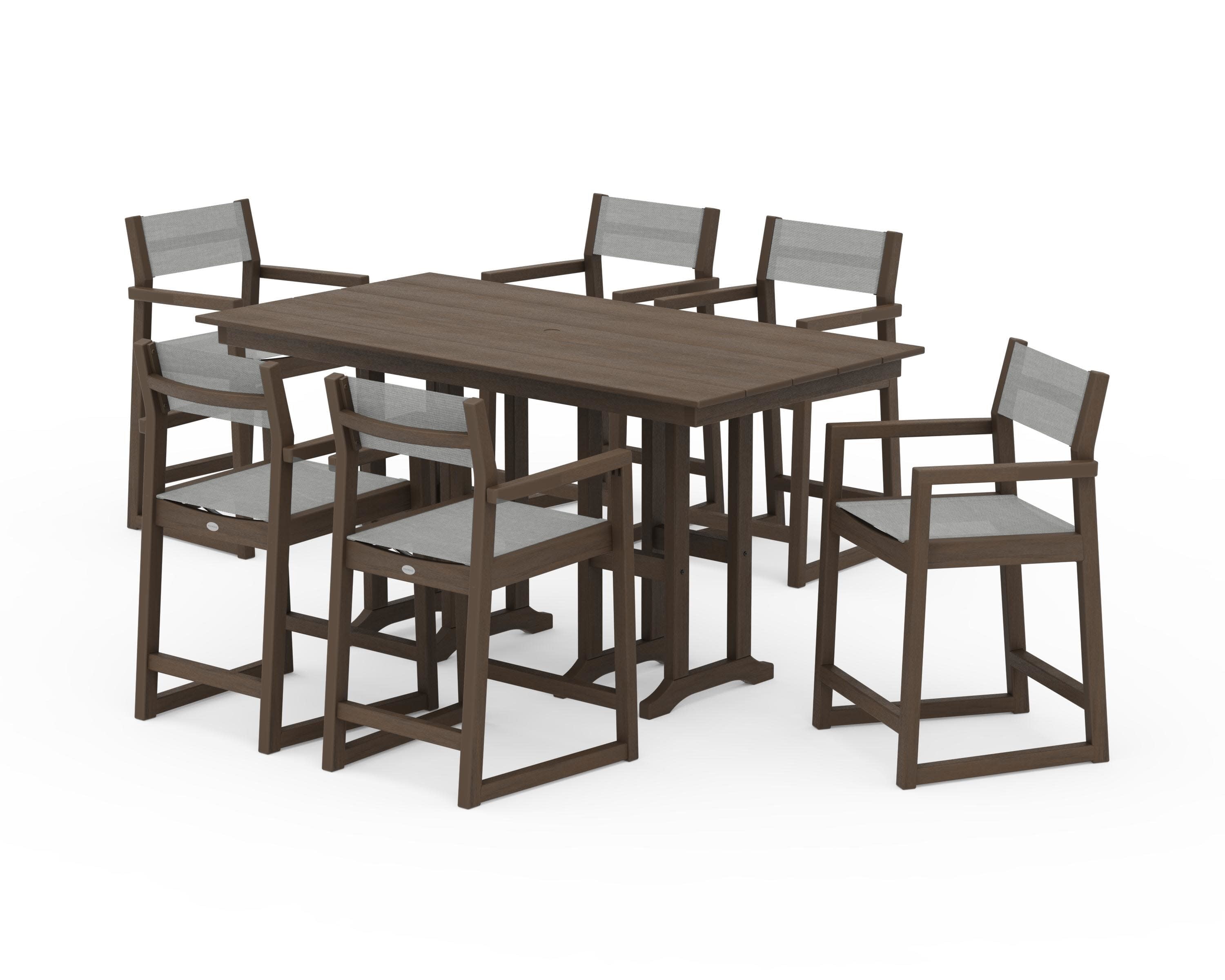 EDGE Sling Arm Chair 7-Piece Farmhouse Counter Set in Kona / Metallic Sling