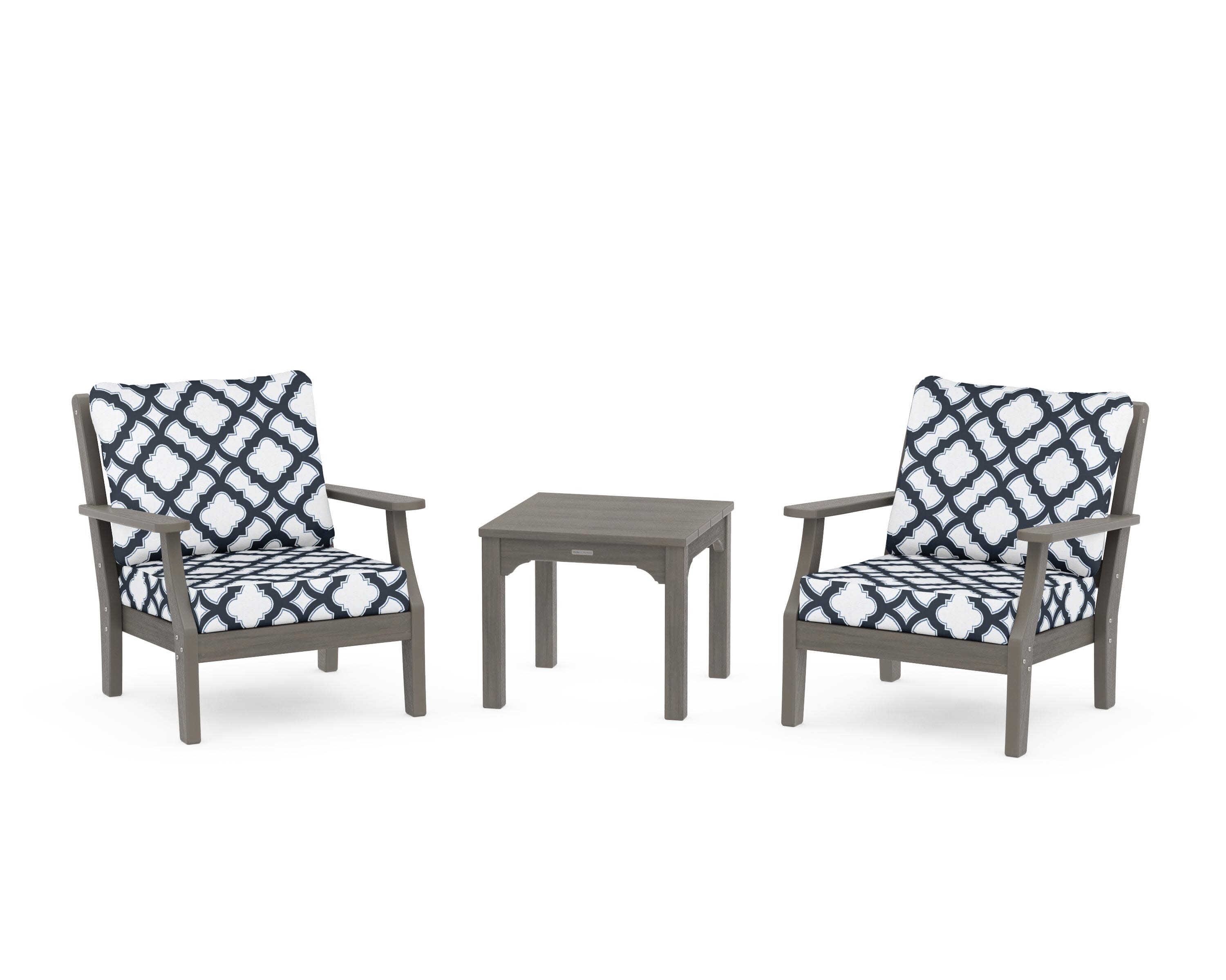 Chinoiserie 3-Piece Deep Seating Set in Driftwood / Trellis Marine Indigo