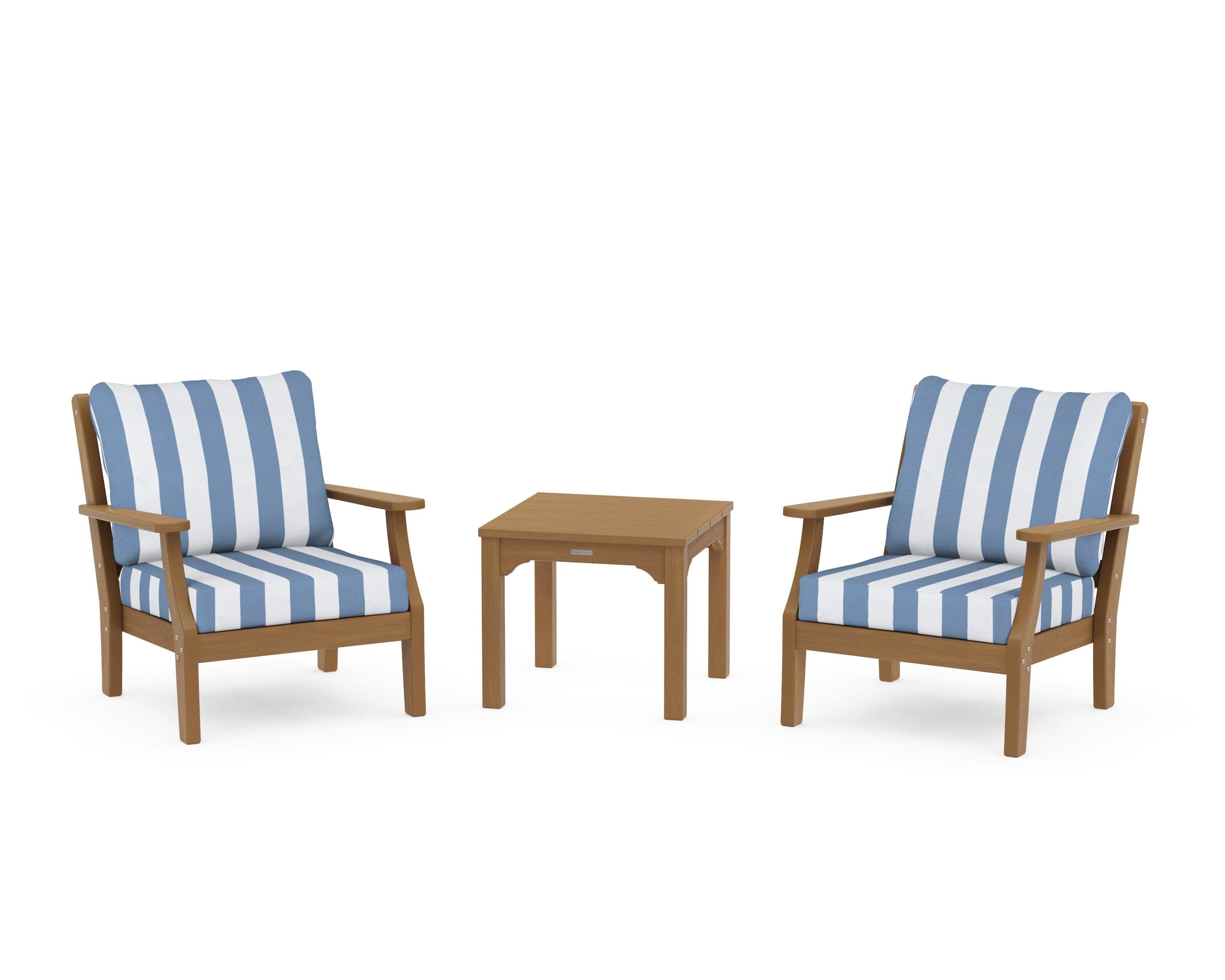 Chinoiserie 3-Piece Deep Seating Set in Natural / Cabana Stripe Sky Blue