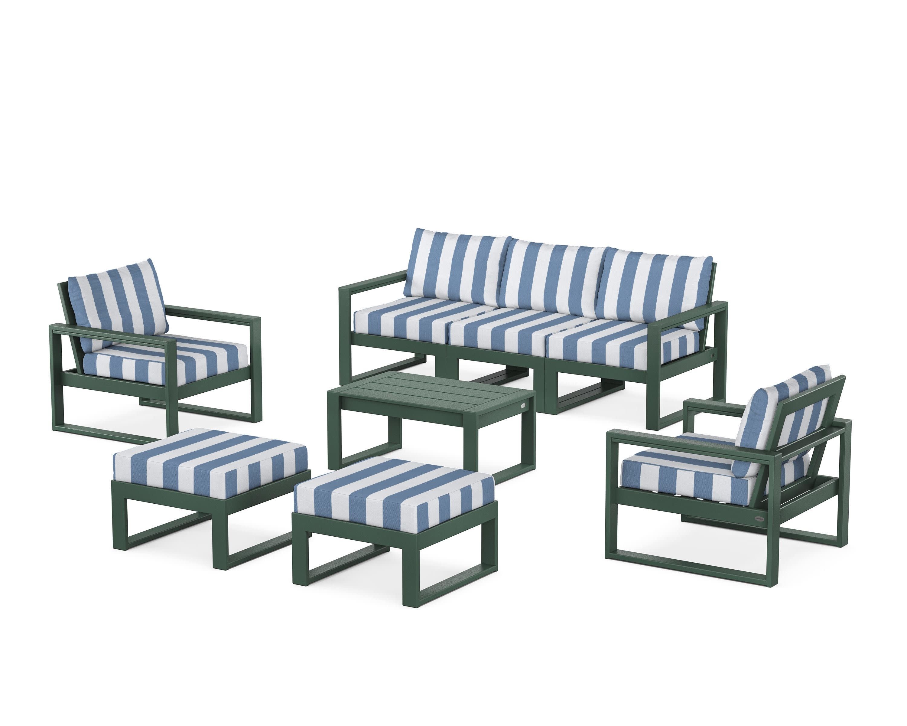 EDGE Sectional 8-Piece Lounge Sofa Set in Green / Cabana Stripe Sky Blue
