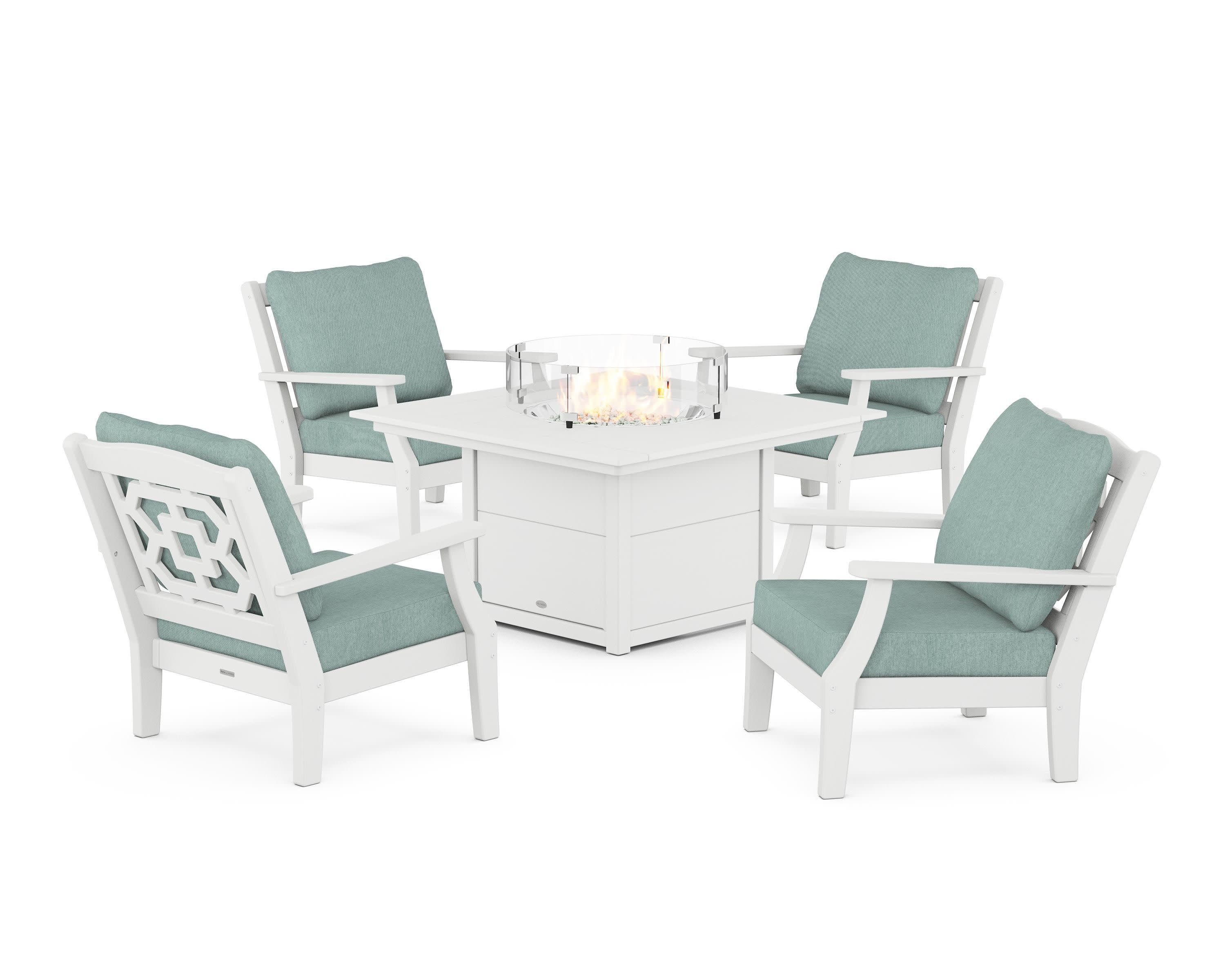 Chinoiserie 5-Piece Deep Seating Set with Fire Pit Table in White / Glacier Spa