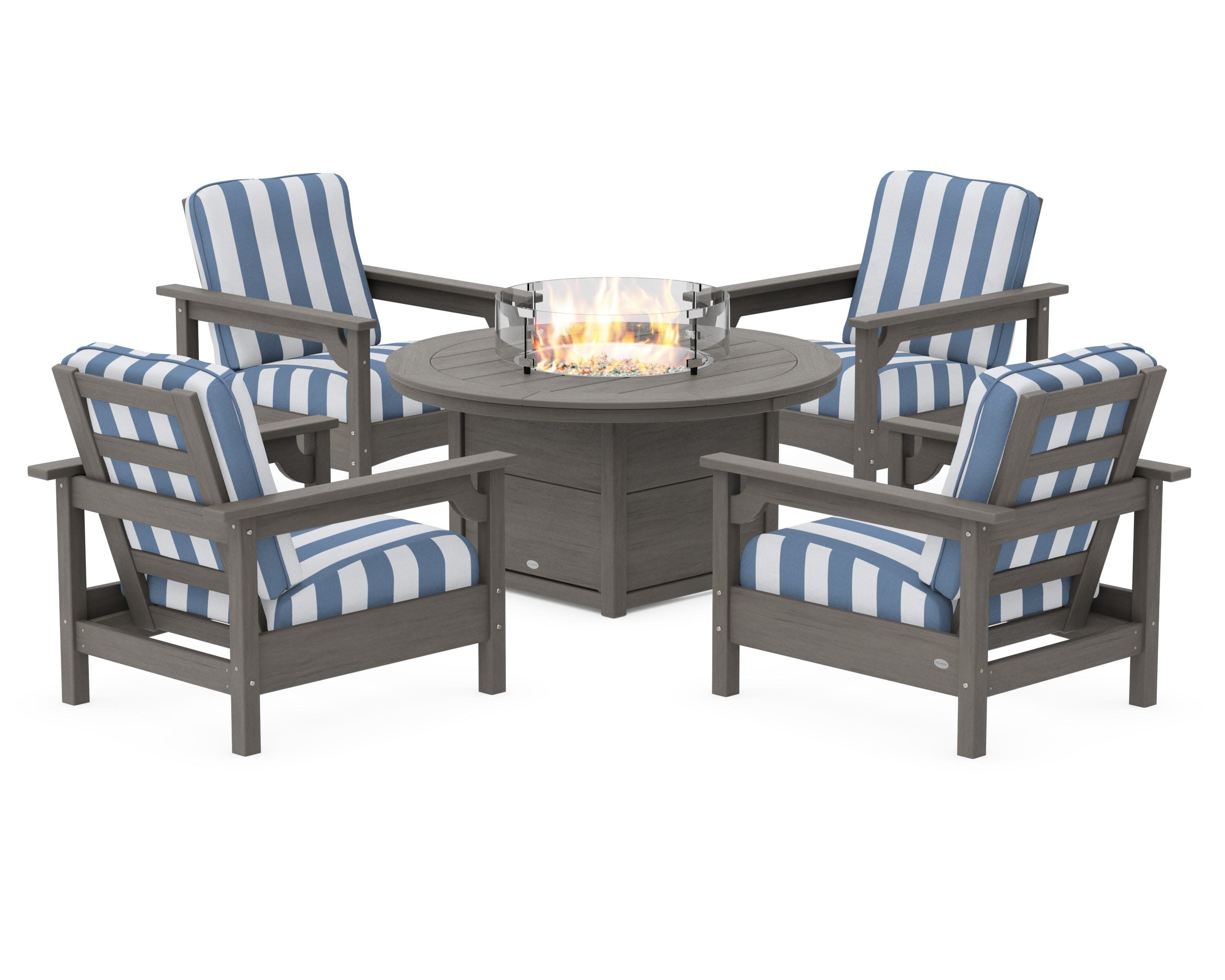 Club 5-Piece Conversation Set with Fire Pit Table in Driftwood / Cabana Stripe Sky Blue