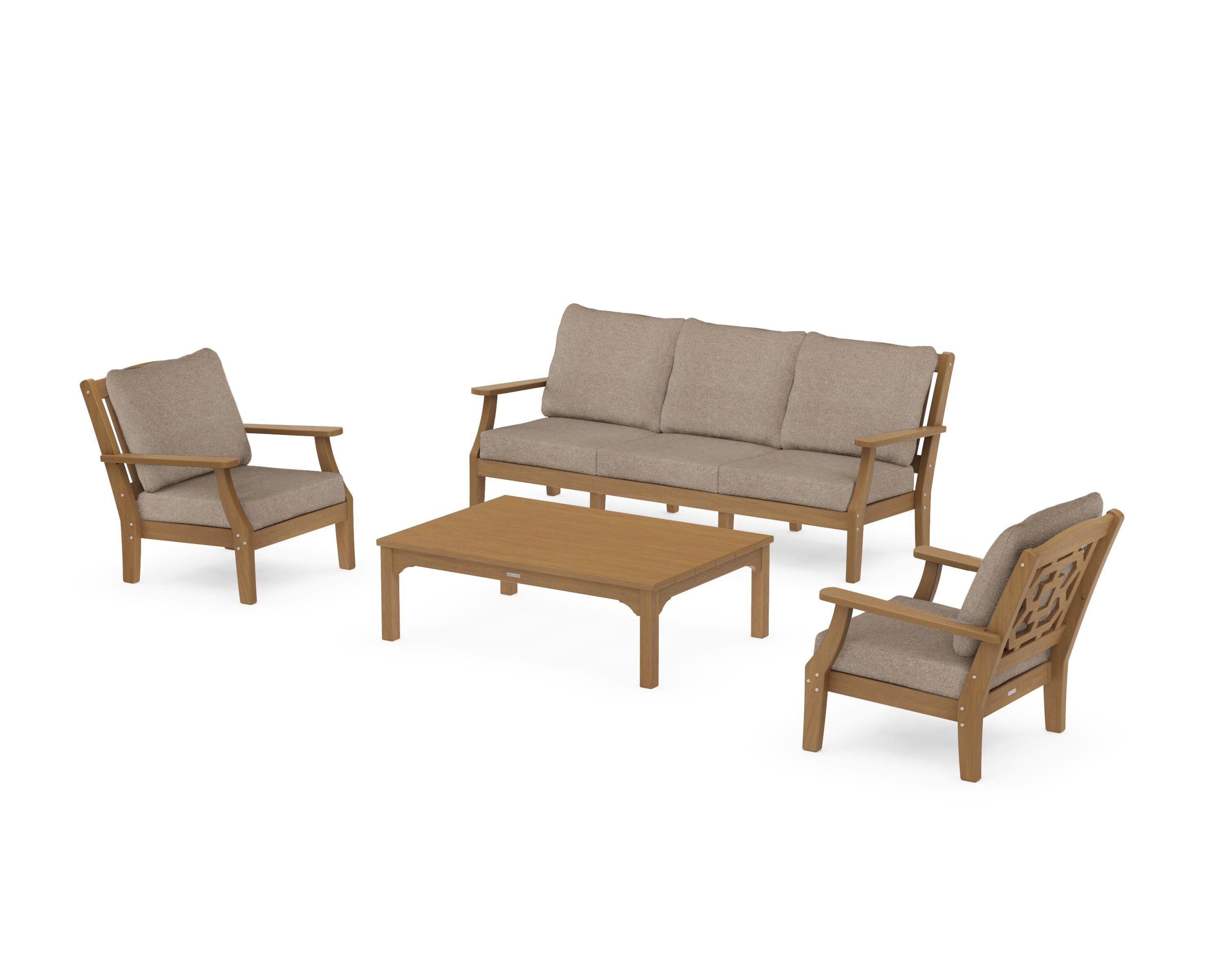 Chinoiserie 4-Piece Deep Seating Set with Sofa in Natural / Spiced Burlap